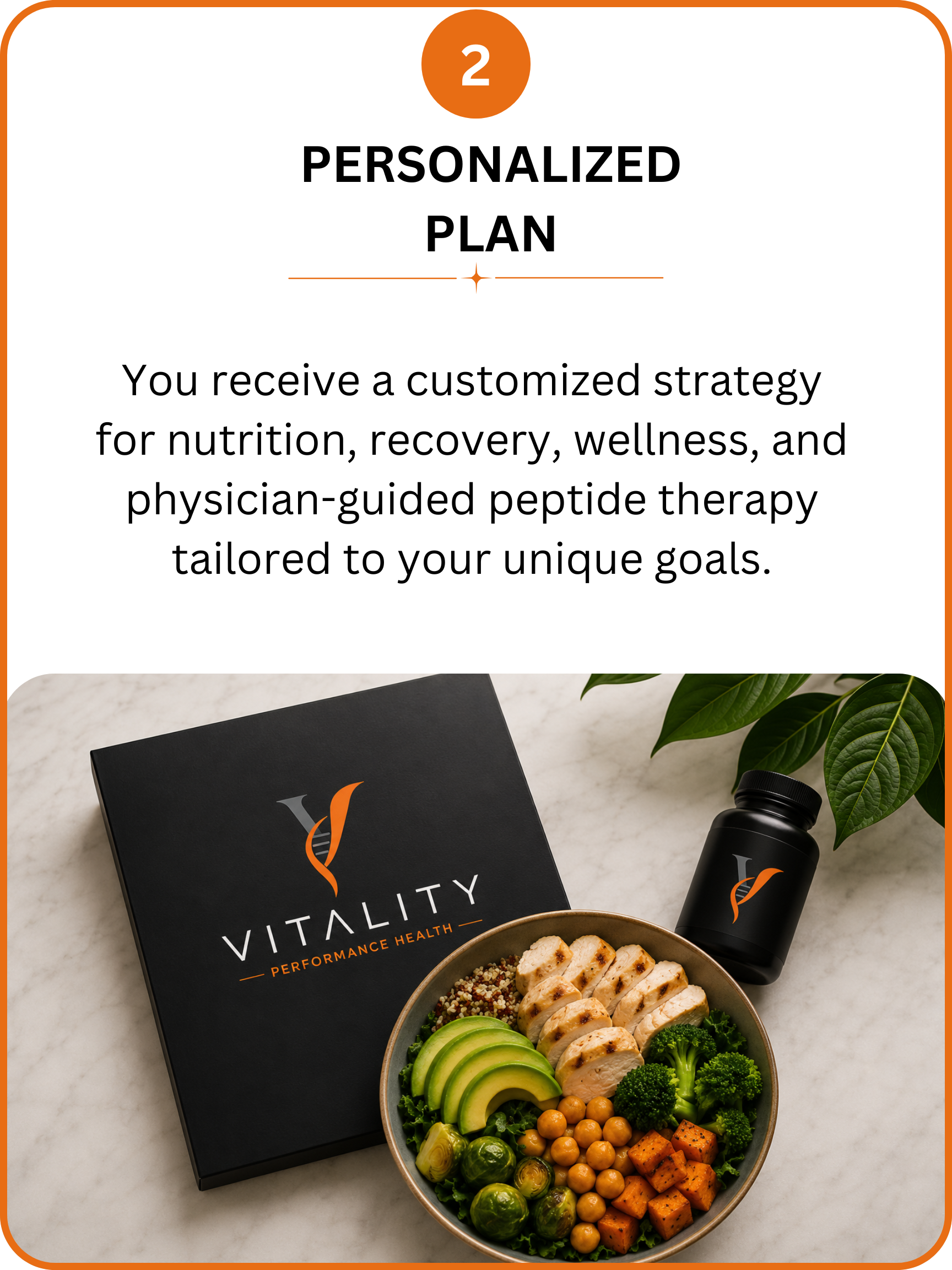 A bowl of assorted vegetables and grilled chicken on a marble surface, with a black bottle and a black box labeled 'Vitality.