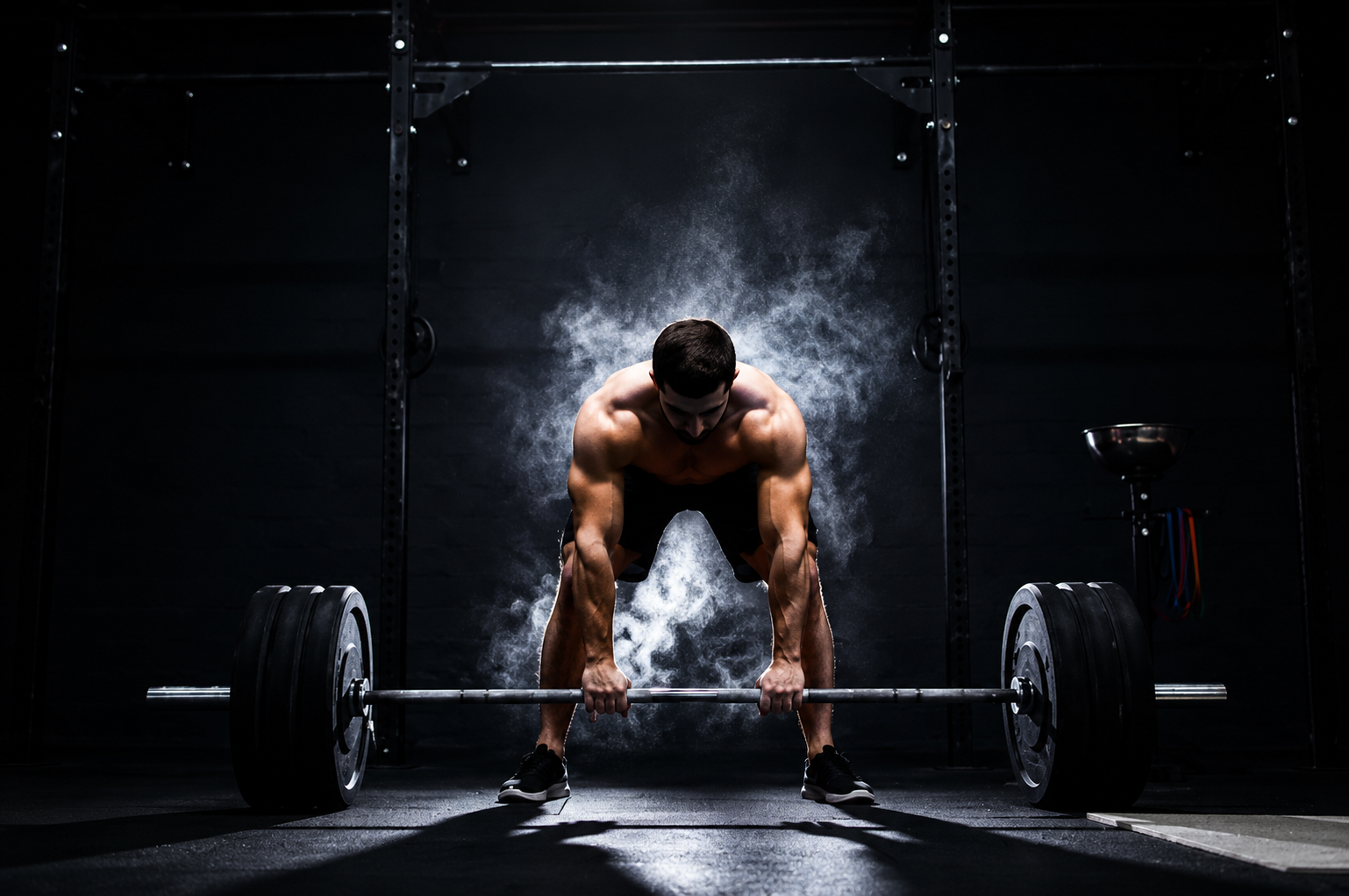 A man lifting a barbell in a dark gym with chalk dust surrounding him