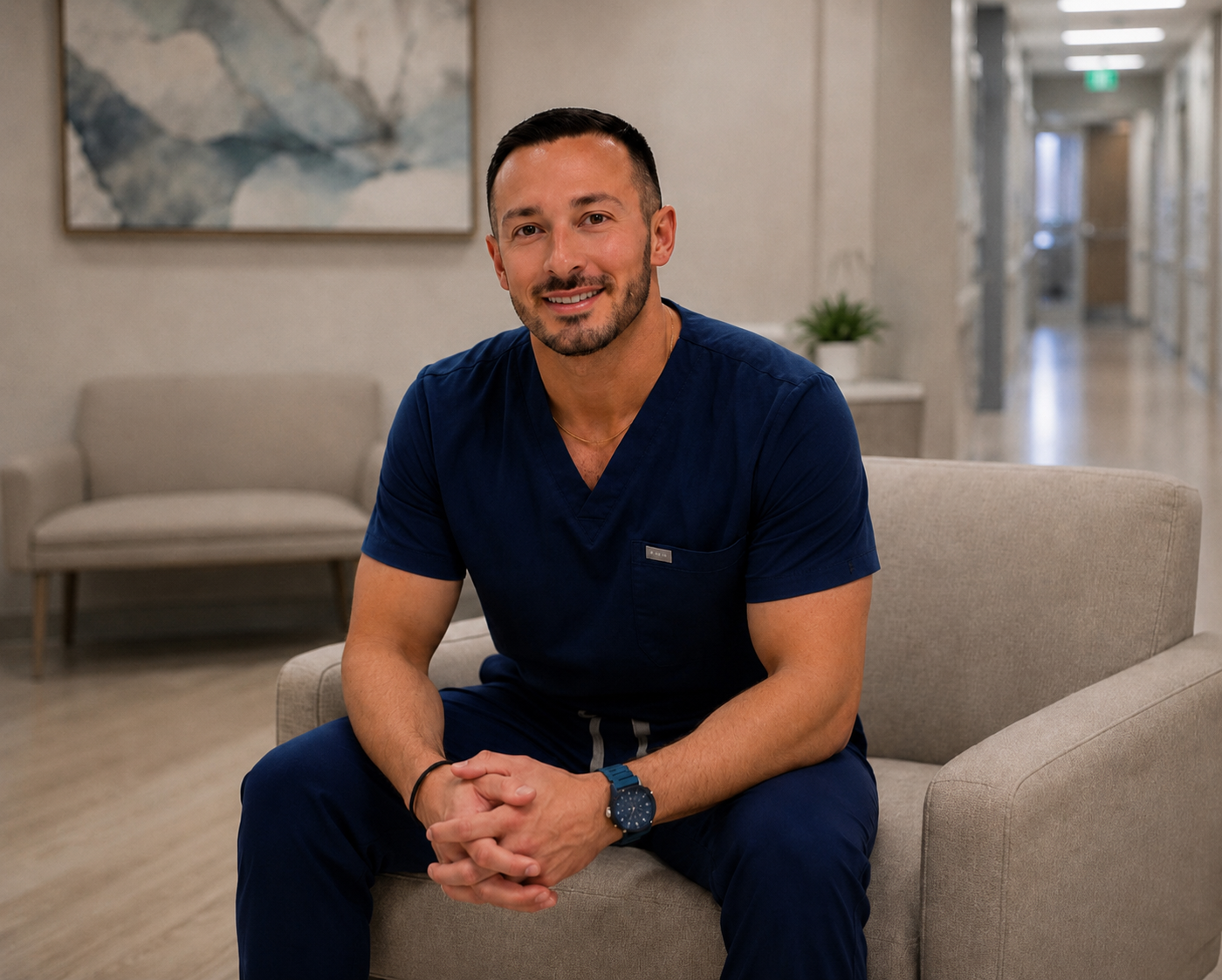 A man in navy blue medical scrubs sitting on a beige sofa in a well-lit, modern medical office with a painting on the wall and a hallway in the background.