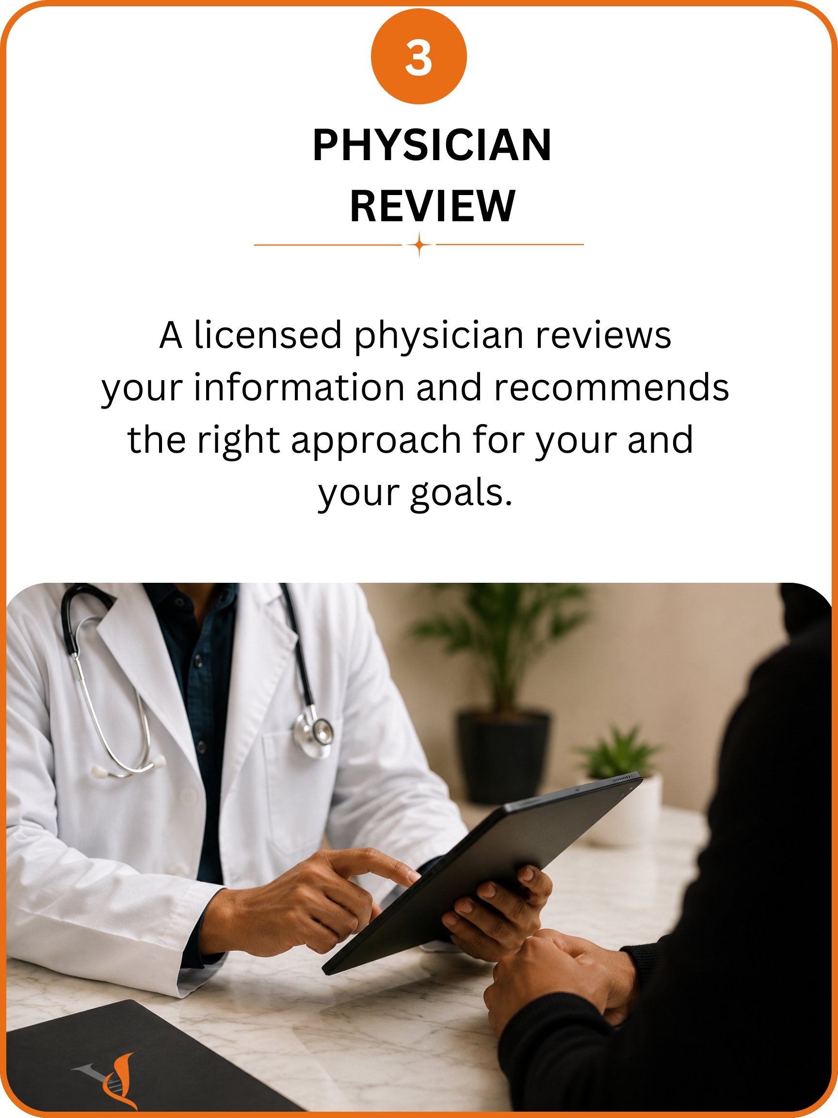 A doctor in a white coat with a stethoscope around his neck showing a tablet to a person in a black sweater. They are sitting at a table with a black folder and a black notebook.