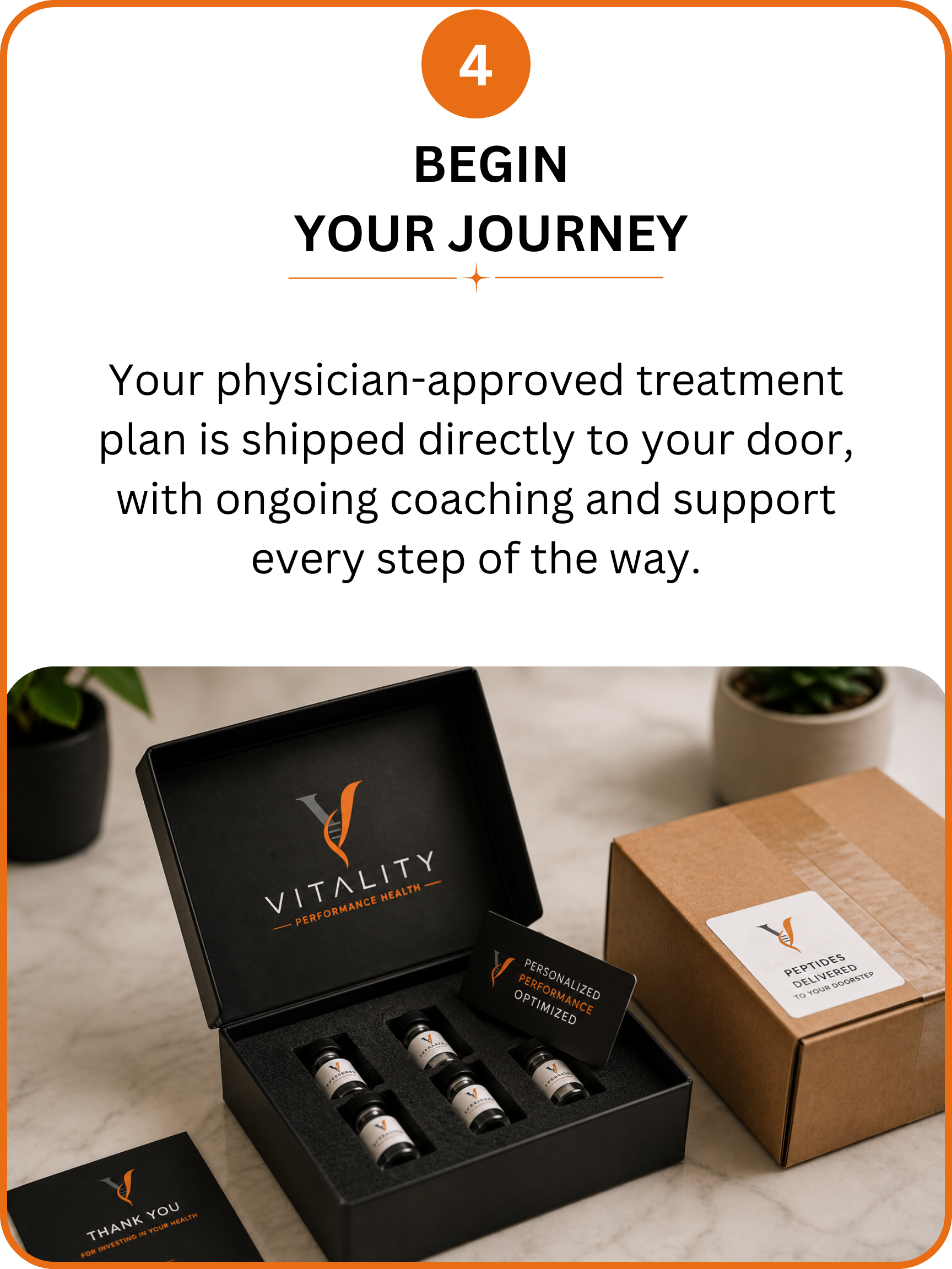 A box of Vitality Performance Health products with vials inside, a card with a thank you message, and a box labeled 'peptides delivered to your doorstep,' on a marble surface, with some potted plants in the background.