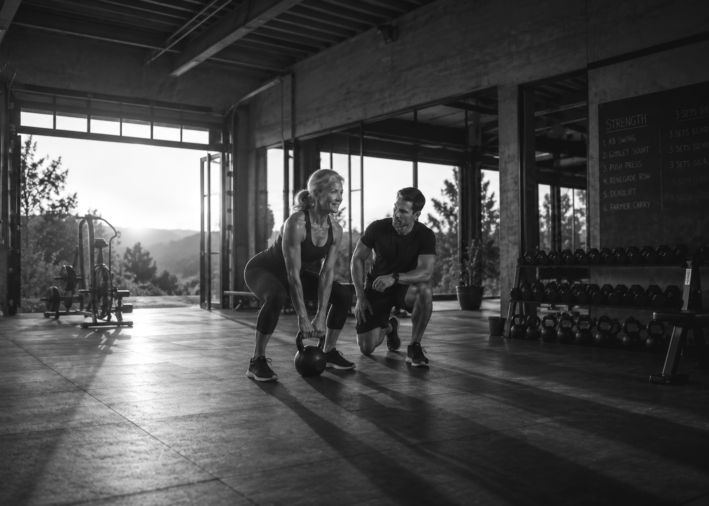A woman lifting a kettlebell with a trainer kneeling beside her in a gym with large windows and a scenic mountain view.