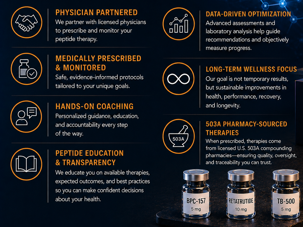 An infographic outlining a healthcare service with six key points: Physician partnered with licensed physicians for peptide therapy; Data-driven optimization for assessments and recommendations; Medically prescribed and monitored protocols; Long-term wellness focus on sustainable health improvements; Hands-on coaching for guidance and accountability; Peptide education and transparency about therapies; alongside three vials labeled BPC-157, RETATRUTIDE, and TB-500.