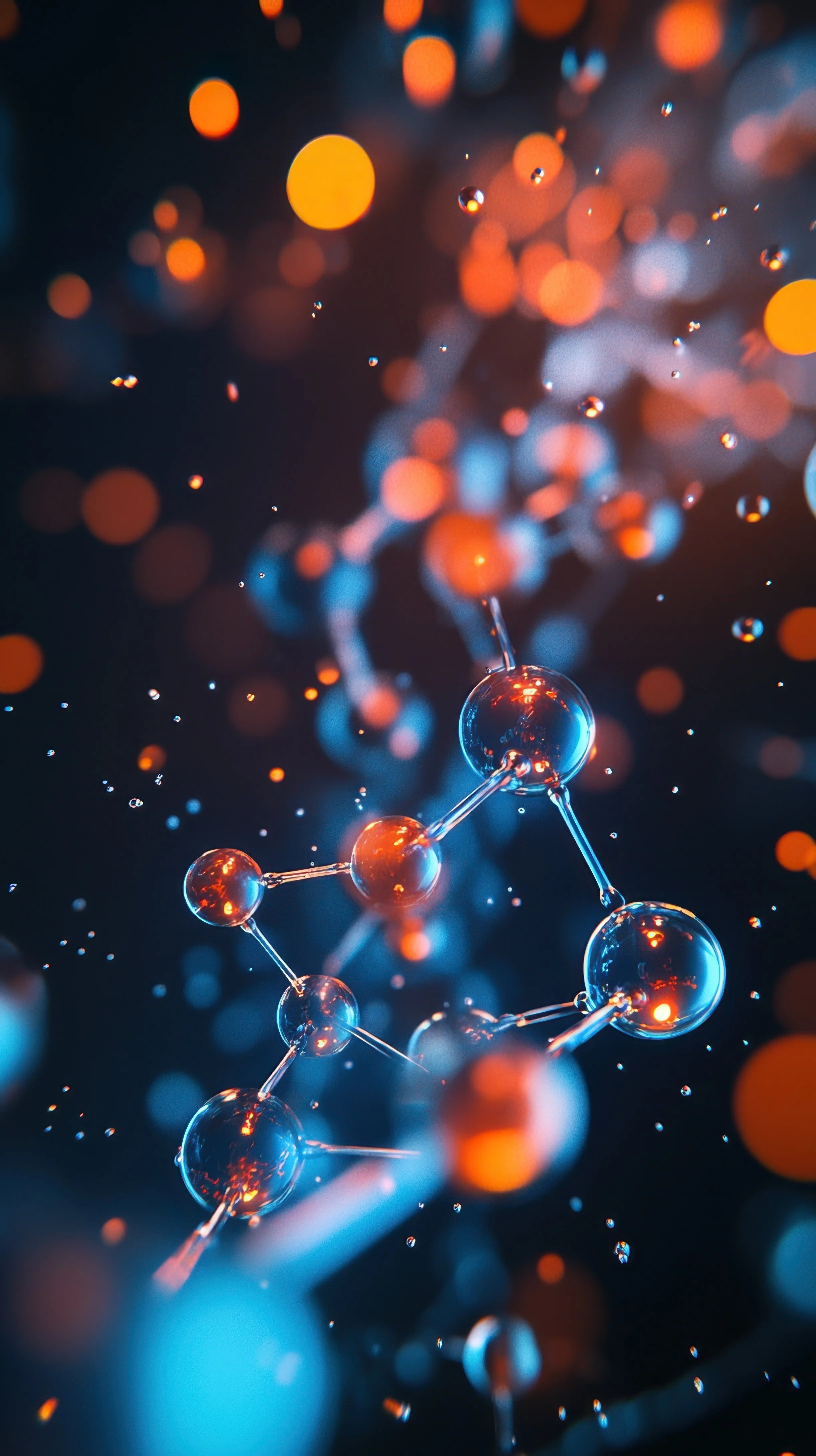 Close-up of a molecular structure model with glowing blue and orange spheres connected by sticks, with a blurred background of orange and blue bokeh lights.
