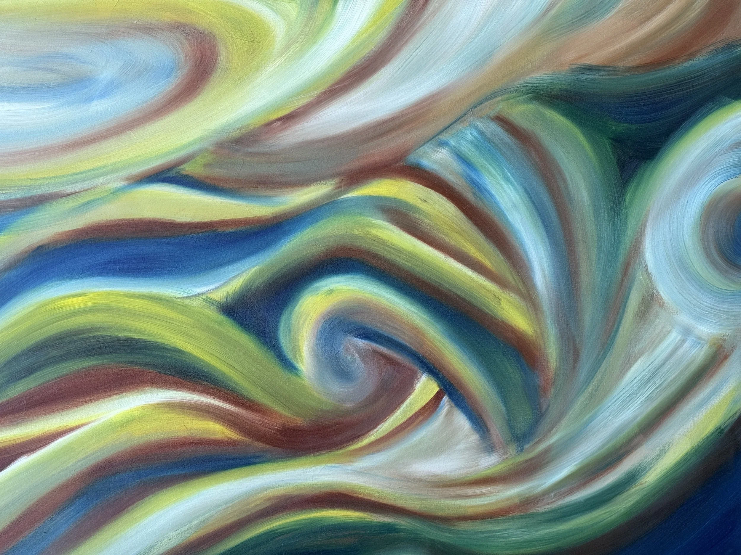 Abstract painting with swirling streaks of blue, green, red, white, and brown colors.