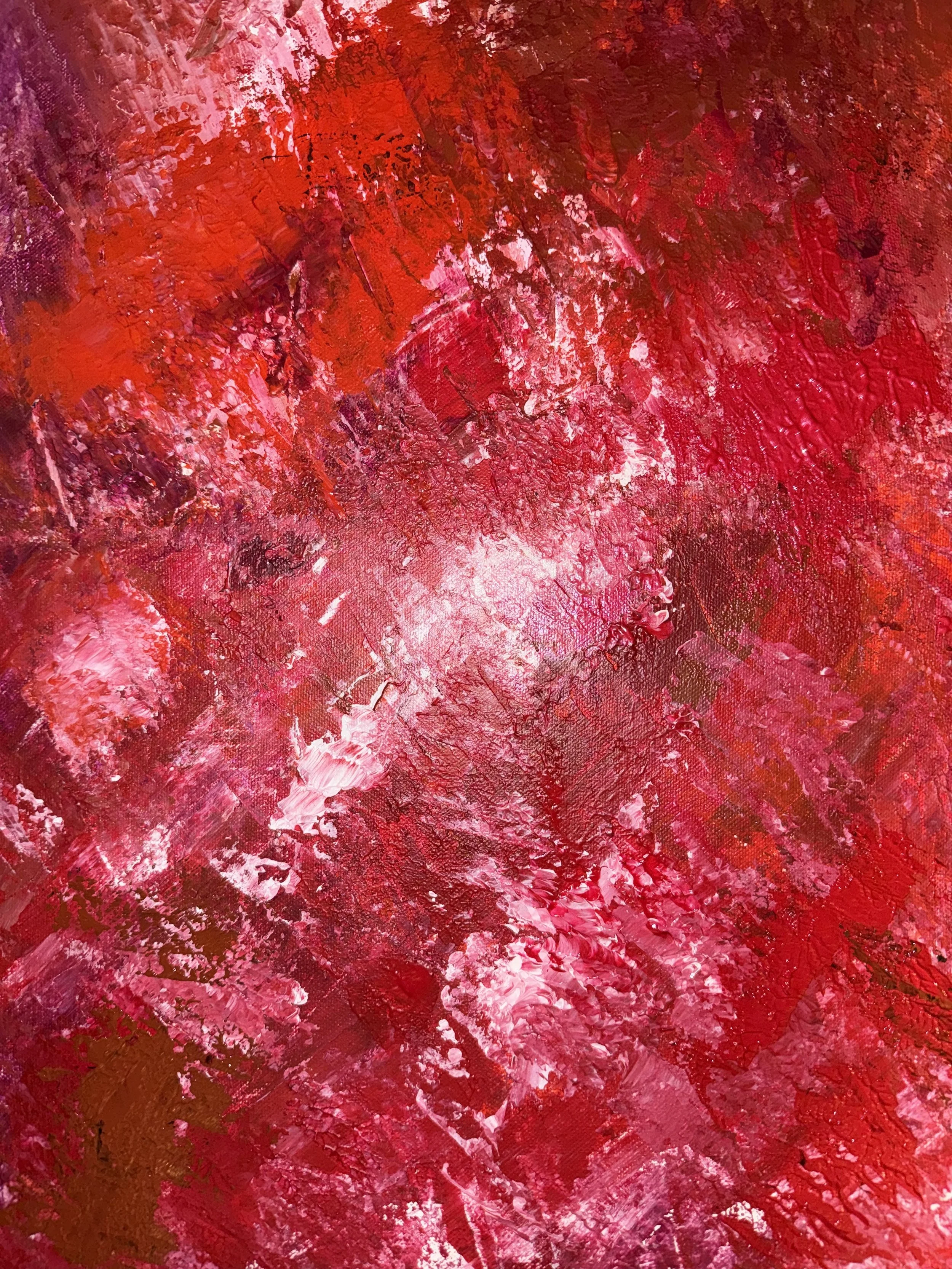 An abstract painting with thick, textured brushstrokes in shades of red, pink, white, and black.