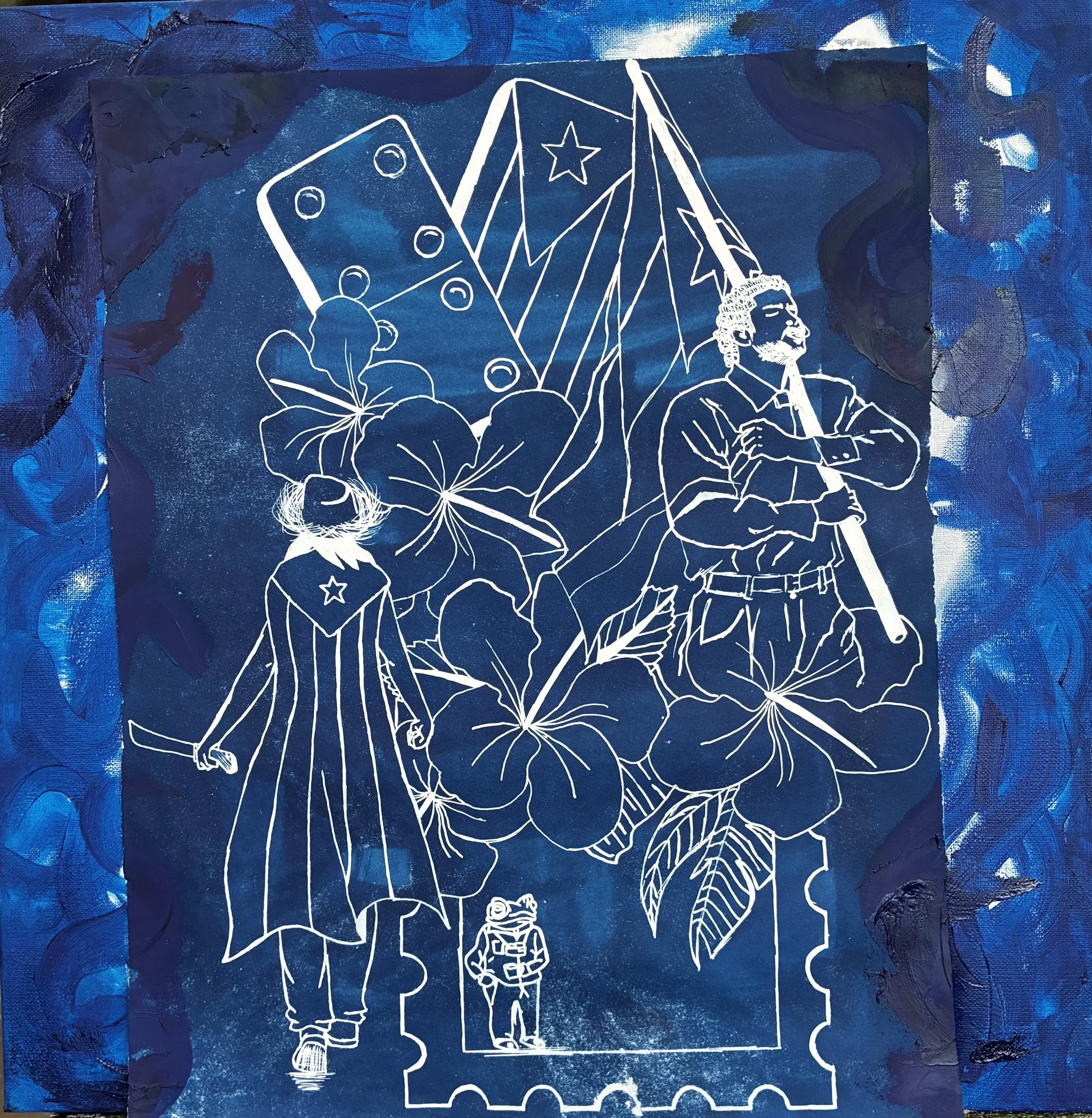 A blue painted canvas with a white line drawing of various objects, including a large die, a star, a man with curly hair and a mustache, a package with a star on it, a rocket, a flower, and a small person, all outlined in white.