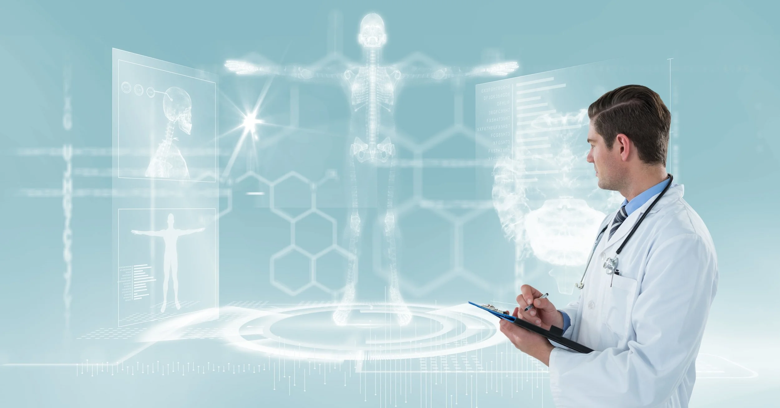 A doctor in a white coat with a stethoscope around his neck holding a clipboard, looking at a transparent digital display showing a human skeleton, skull, and body outline with medical data and holographic graphics.
