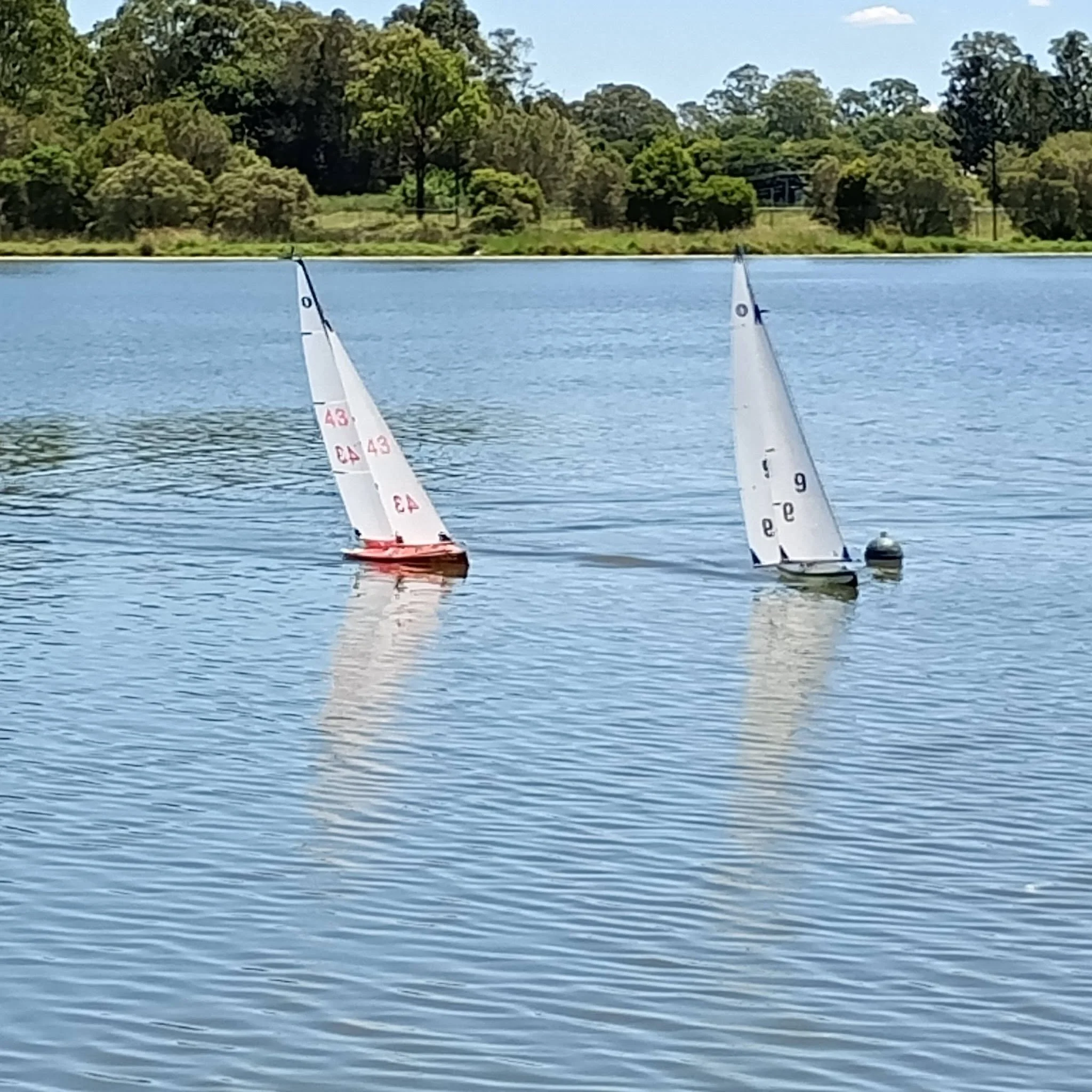 Model sailboats on a calm body of water with a tree-lined shoreline and a house in the background under a partly cloudy sky.
