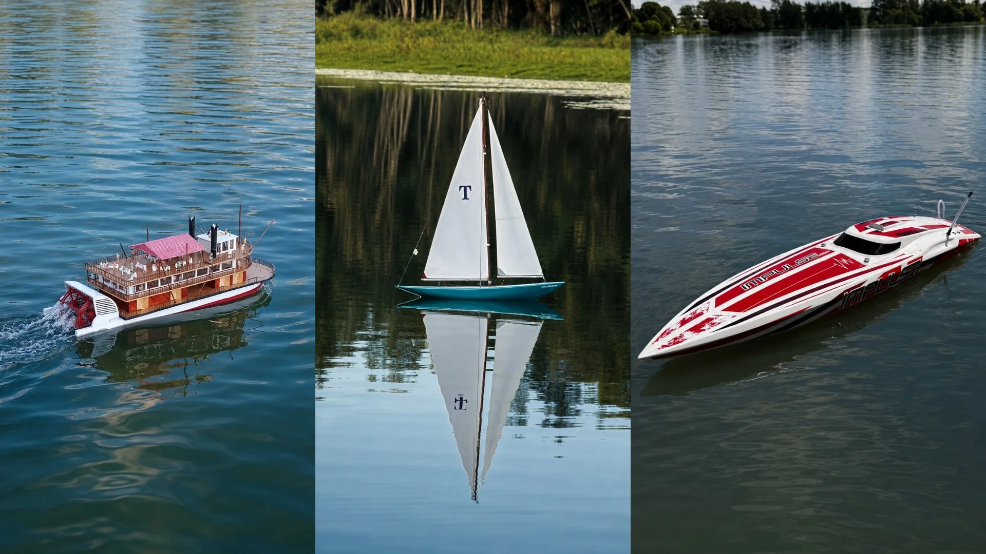 Three remote-controlled boats on a lake: a wooden paddle steamer, a white sailboat with the letter T on its sail, and a red and white speedboat.