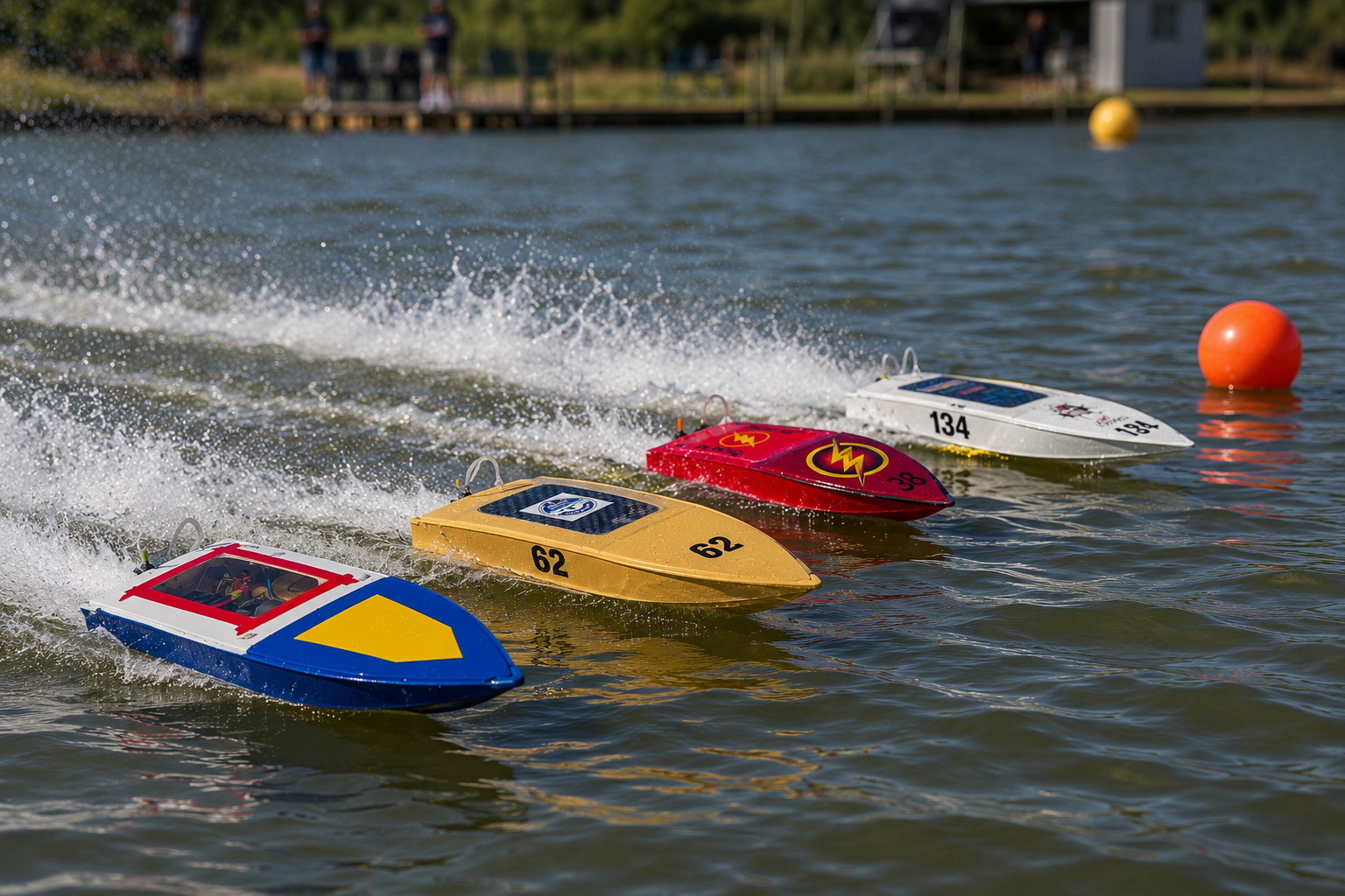 Four remote control boats racing on a lake, trailing wakes behind them, with orange and yellow buoys floating nearby.
