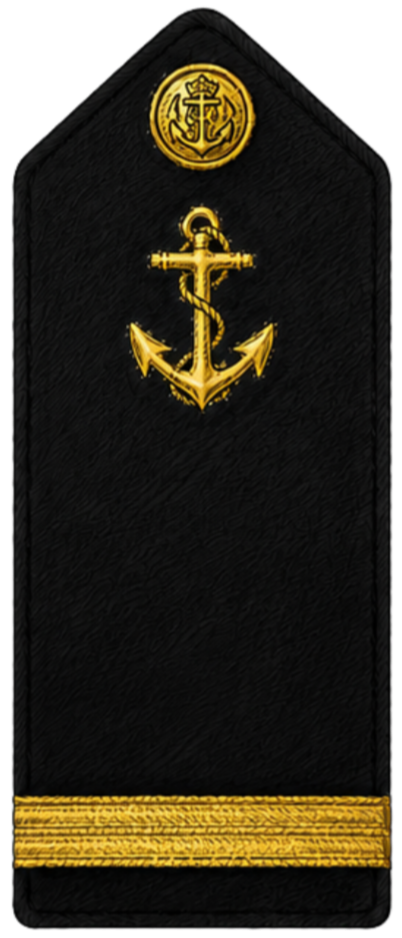 Black fabric with a gold anchor emblem and a gold circular insignia at the top.