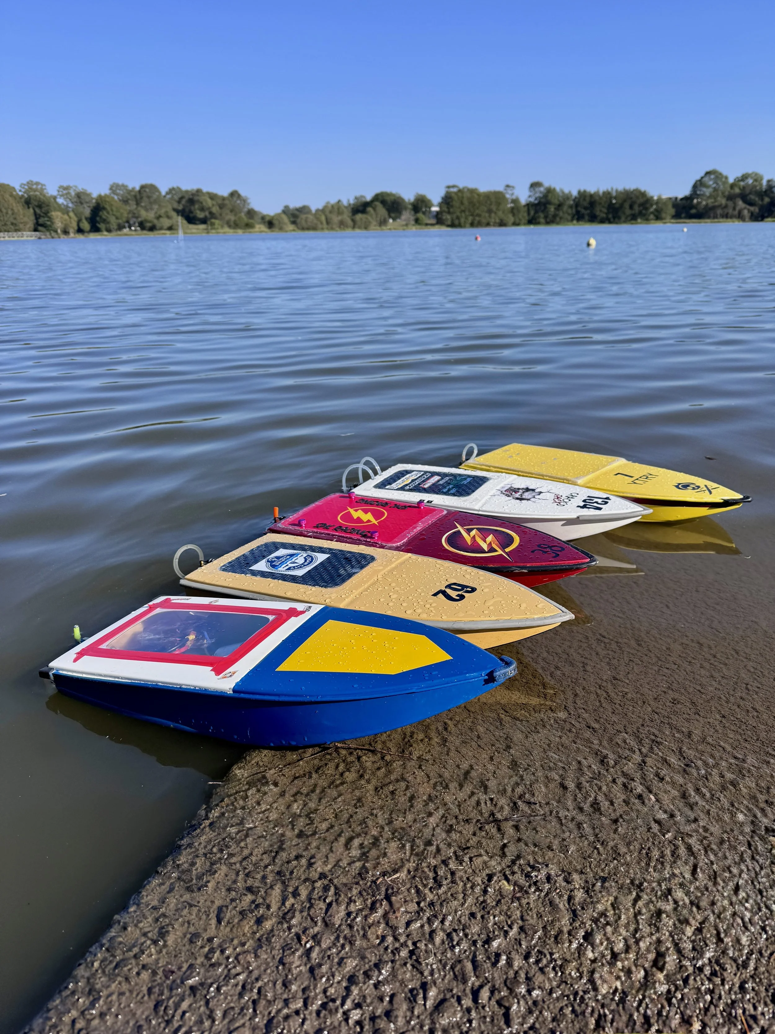 Several remote-controlled sailboats with colorful sails are lined up along the shore of a lake, with trees and a clear blue sky in the background.