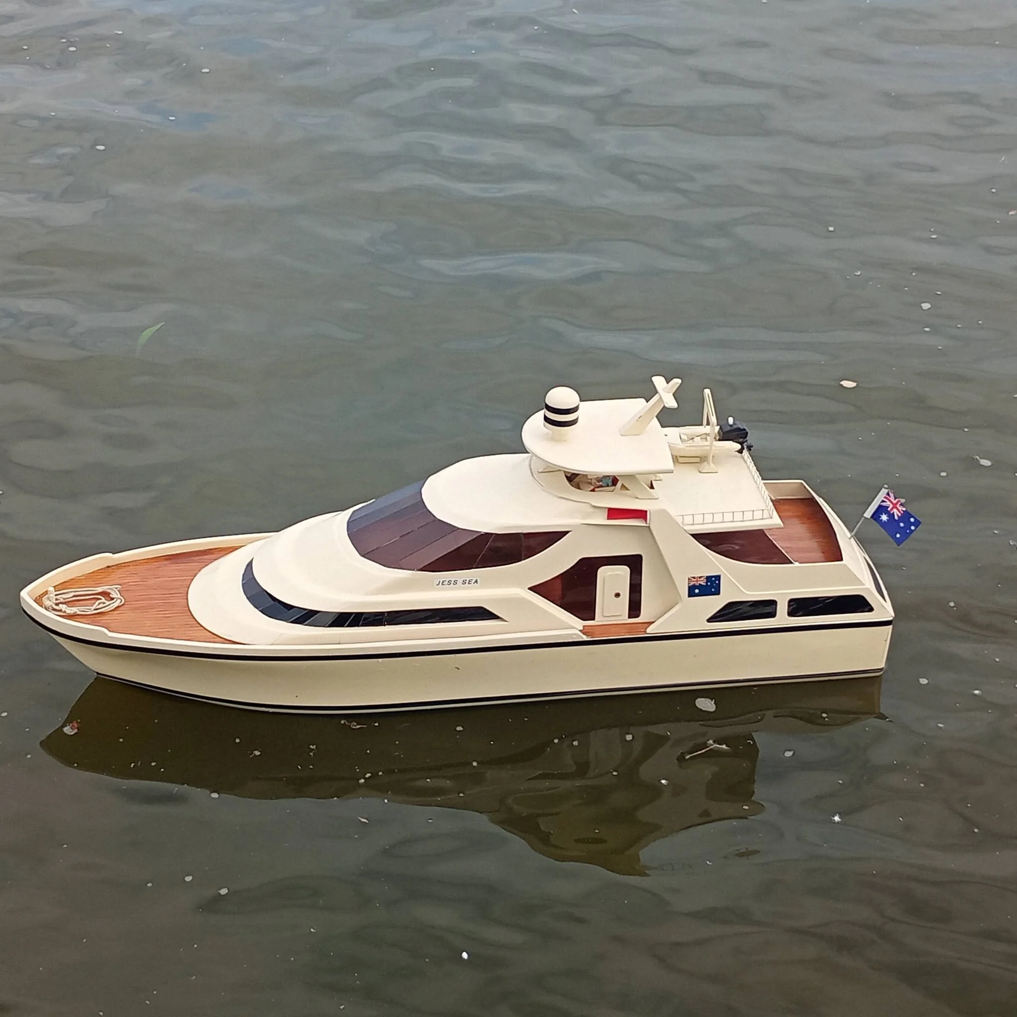 Small toy boat floating on water with small debris and ripples, partial view at the bottom of the image.