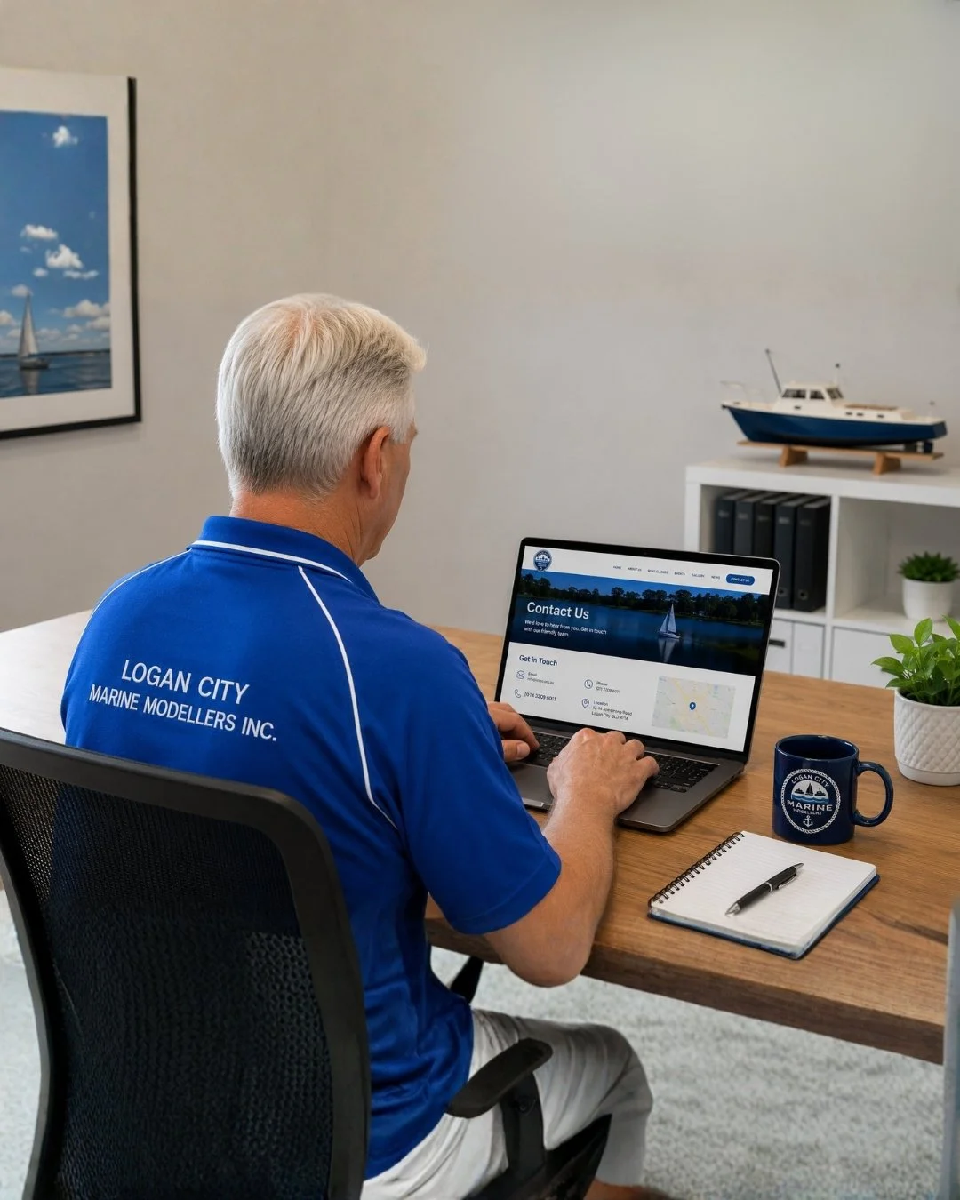 Older man with gray hair sitting at a desk using a laptop, wearing a blue polo shirt that reads 'Logan City Marine Modellers Inc.', with a bookshelf, model boat, and framed picture of a sailboat in the background.