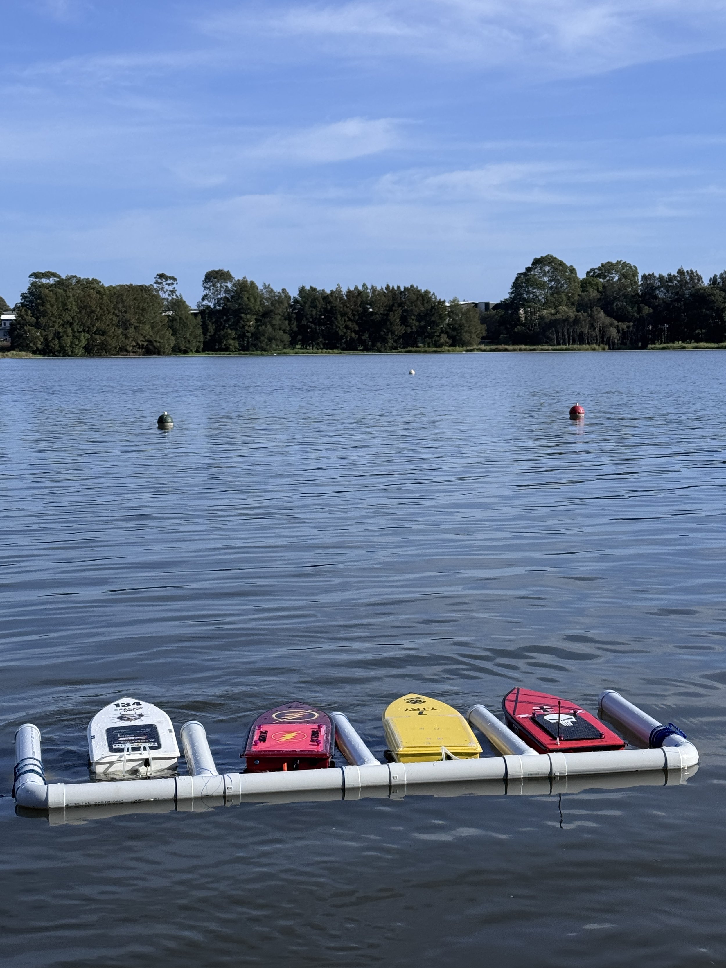 Colorful paddleboards floating on a calm lake with a shoreline lined with trees and a partly cloudy sky in the background.