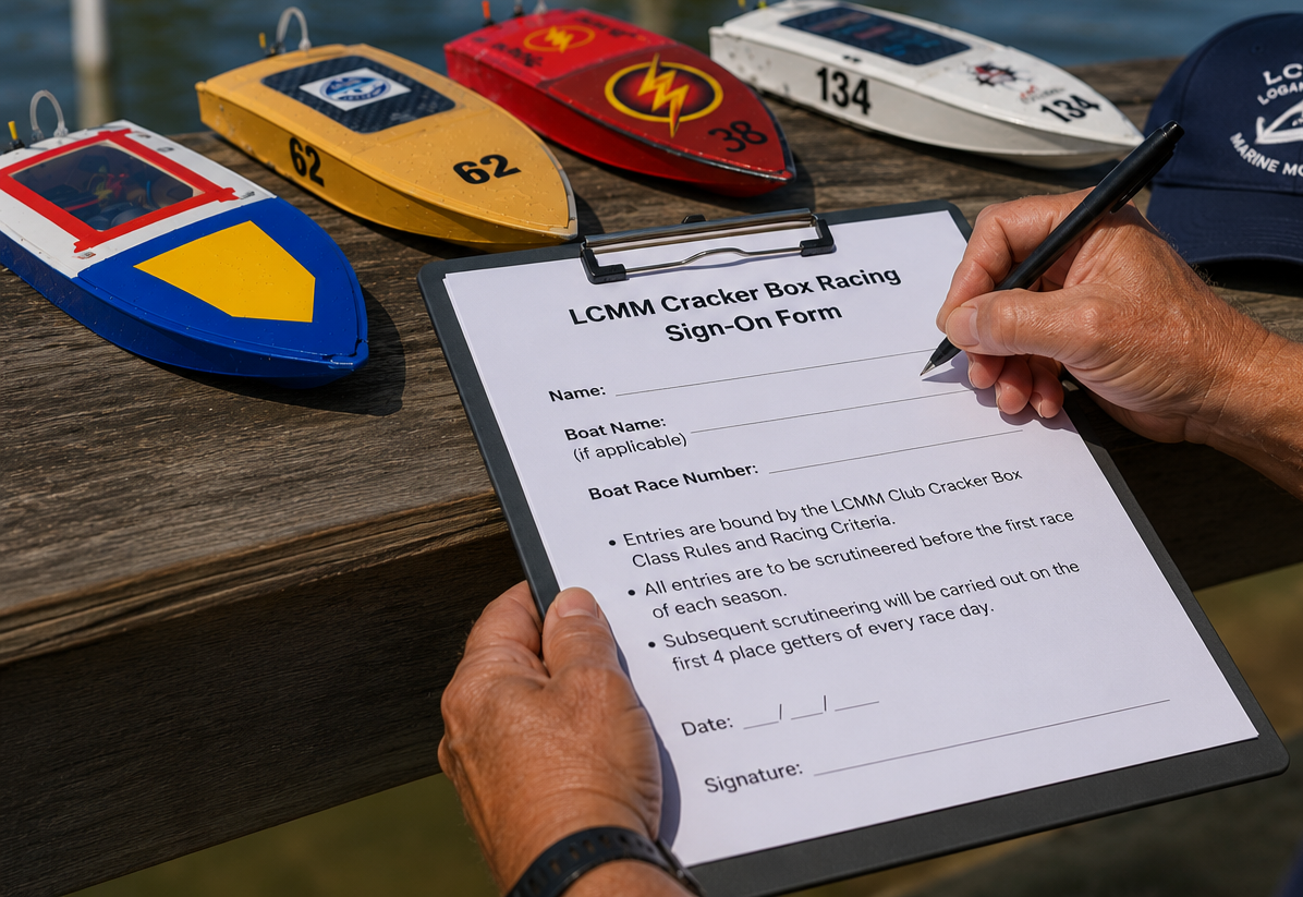 A person holding a clipboard with a sign-up form for LCMM Cracker Box Racing, with four small speedboat models on a wooden surface, along with a blue cap to the right of the boats