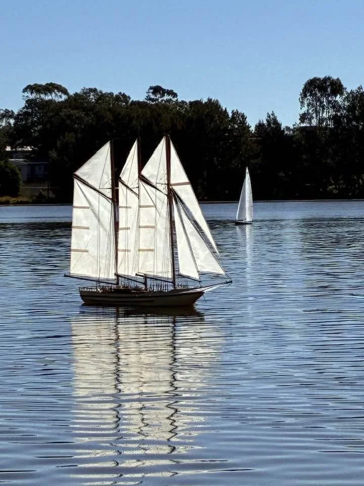 A model ship with white sails floating on a calm body of water, with trees and a clear blue sky in the background.