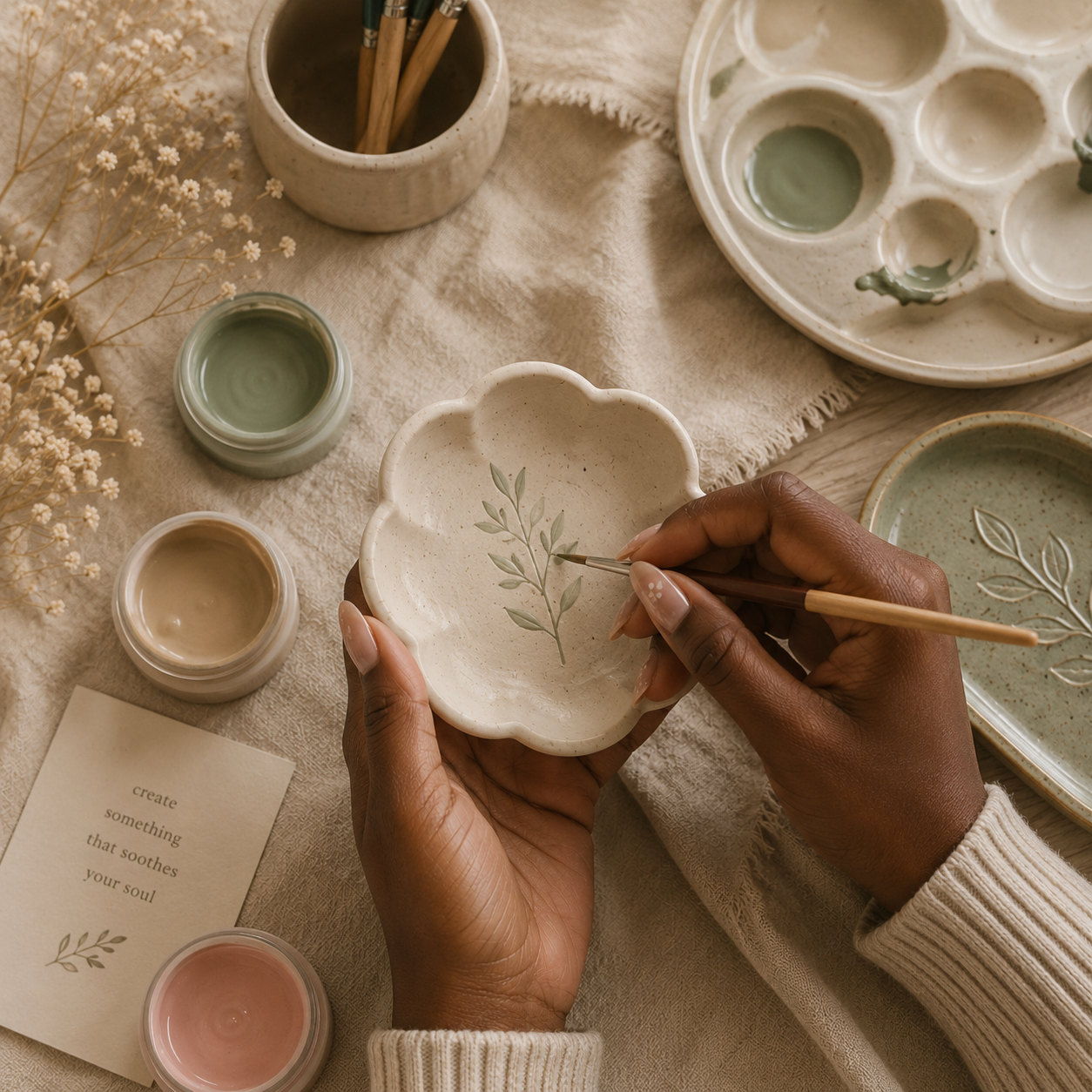 Hands painting a small dish