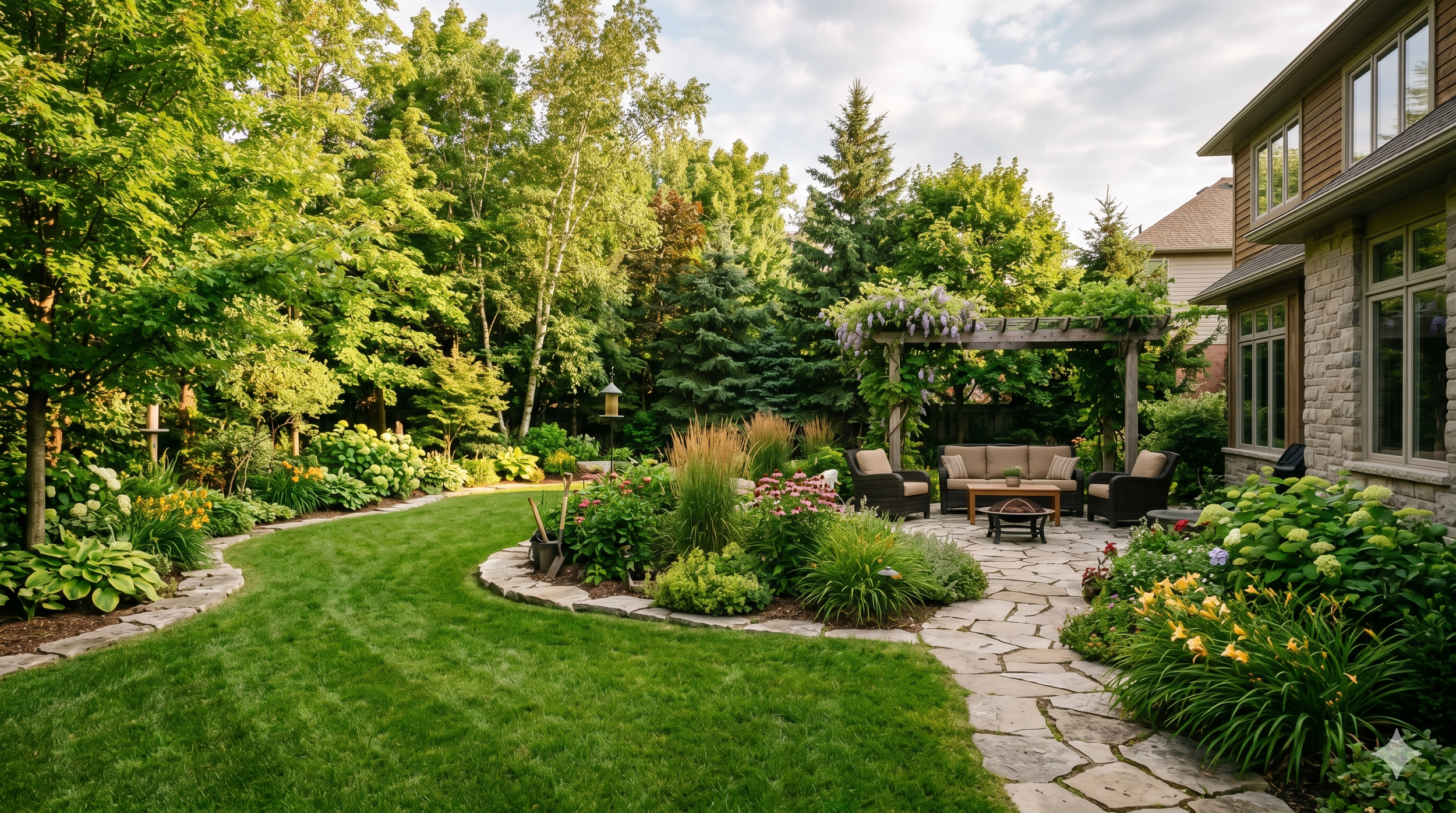 A lush backyard garden with a stone patio, outdoor seating, a pergola with flowering vines, well-maintained lawn, and mature trees surrounding the area.
