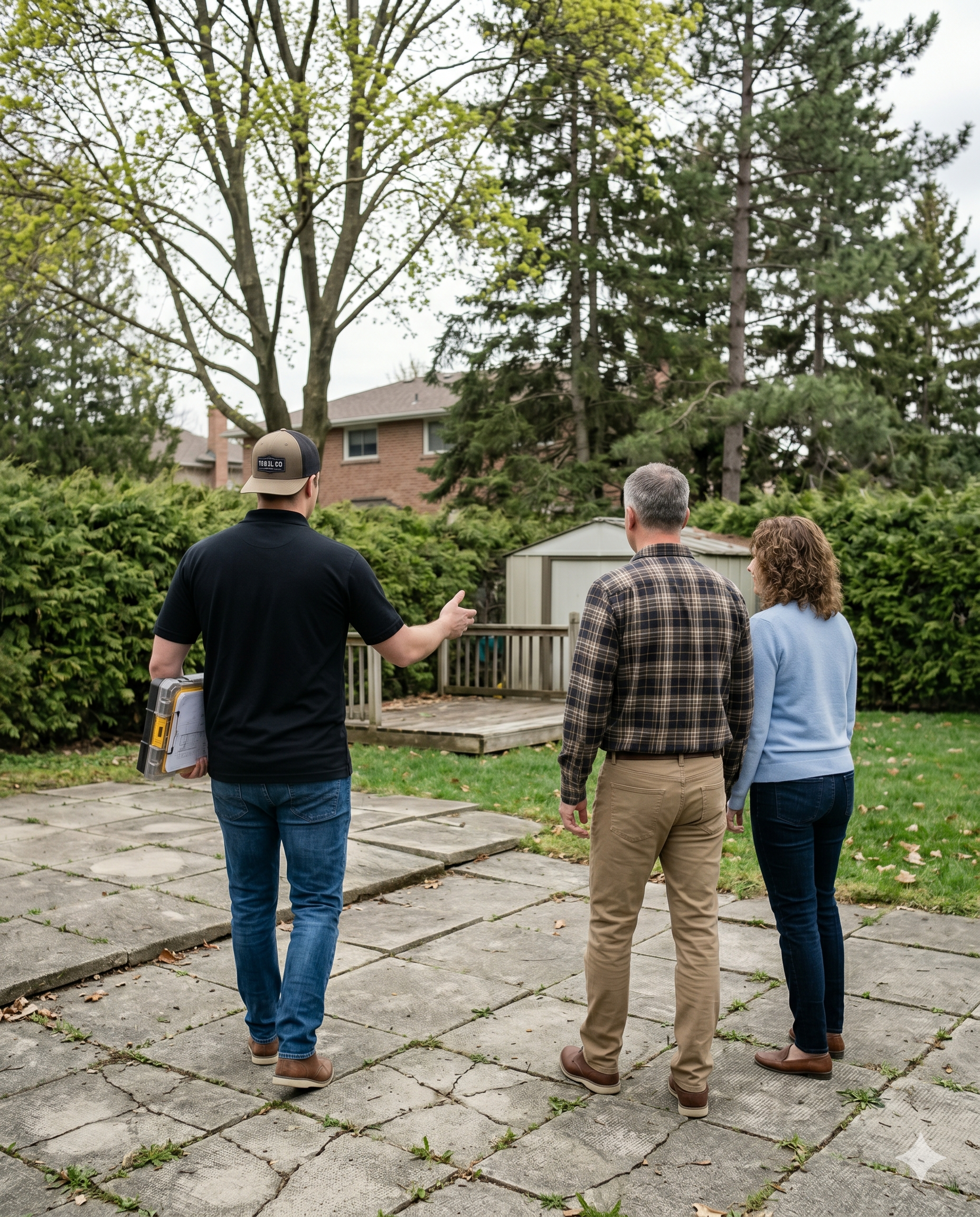 Three adults standing outdoors near a gravel patio, observing a backyard with trees, a shed, and a house in the background.