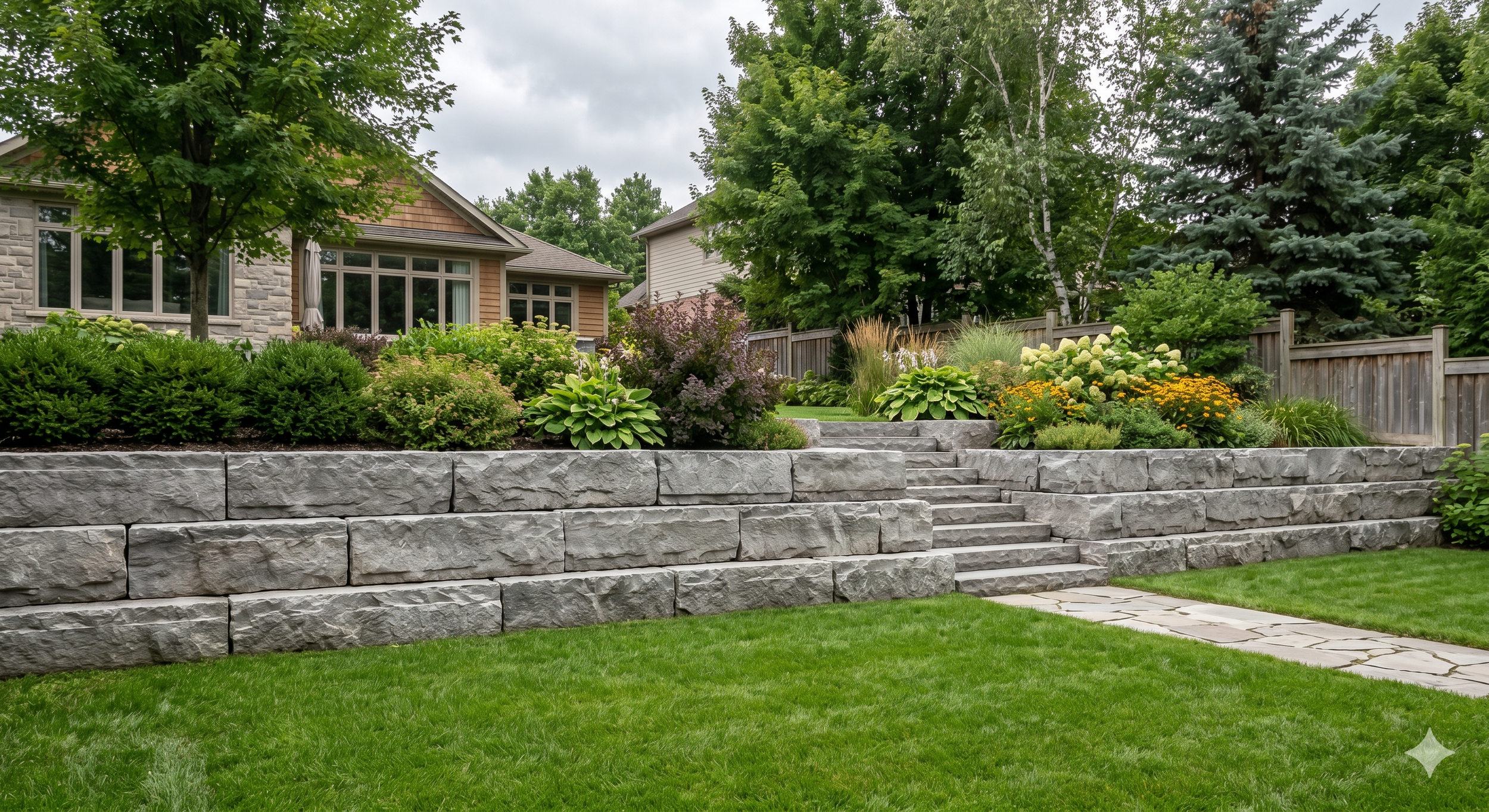 A landscaped backyard with a stone retaining wall, a stone pathway, and various green plants and trees near two houses.