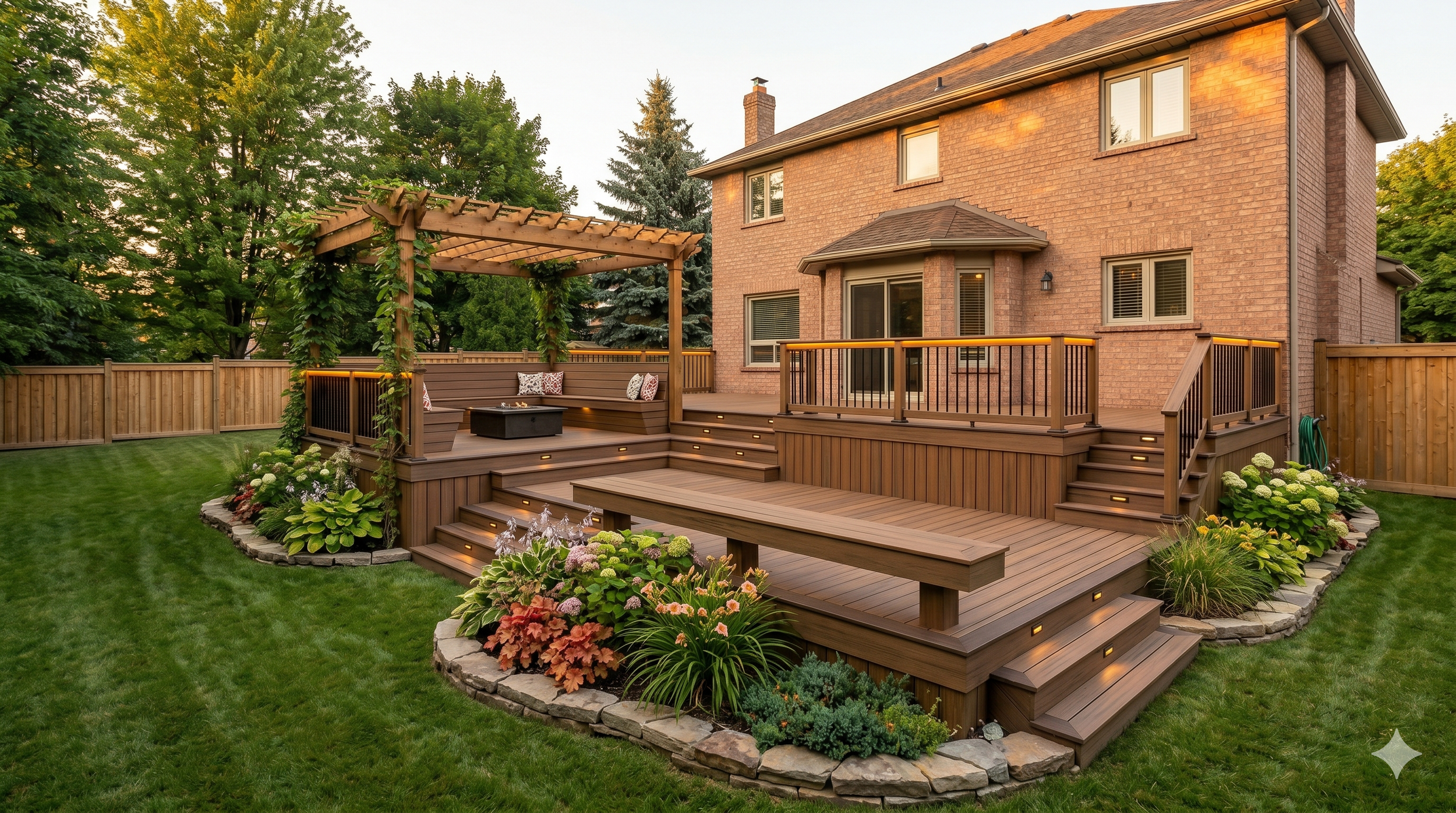 Backyard with a large wooden deck, built-in seating area with pillows, steps with lighting, landscaped garden with flowers, green lawn, and a house with brick exterior and multiple windows.