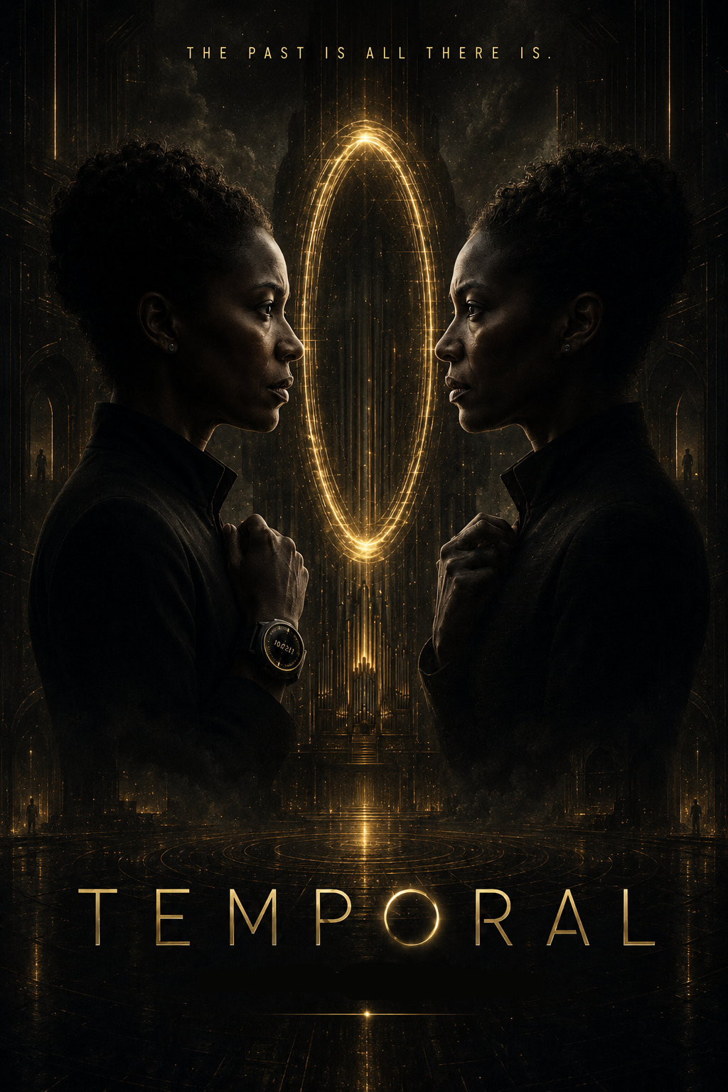 A digital art poster for the movie 'Temporal,' featuring two women facing each other with serious expressions. They are in a dark, futuristic setting with glowing golden oval and circular shapes and silhouettes of people in the background. The tagline at the top reads 'The past is all there is,' and the movie title 'TEMPORAL' is at the bottom in gold letters.