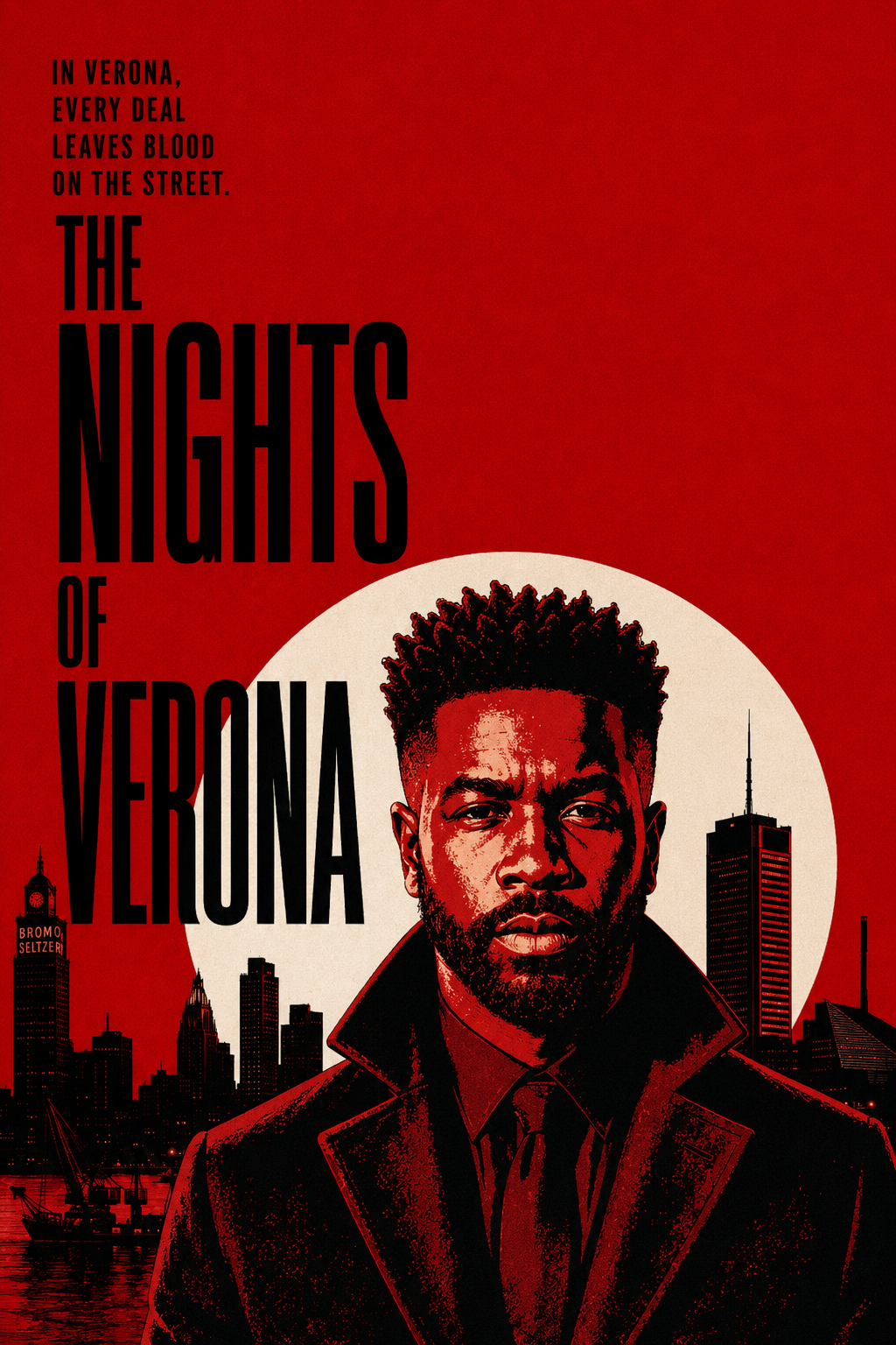 Stylized movie poster for 'The Nights of Verona', featuring a man with a serious expression, a city skyline with tall buildings, and a red background.