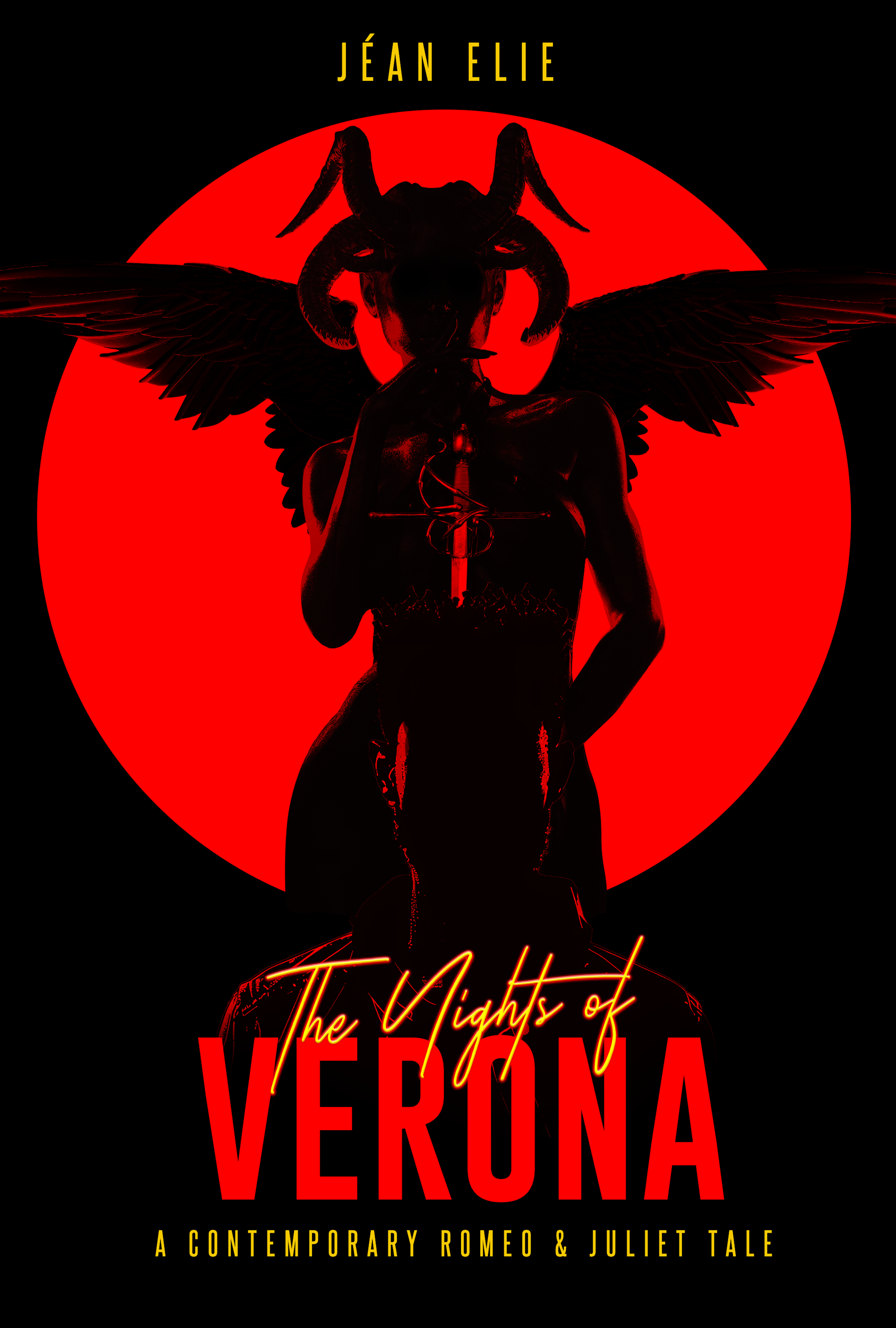 Poster for a contemporary Romeo and Juliet tale titled "The Nights of Verona" featuring a silhouette of a woman with wings, a horned goat or demon face mask, and a red and black background with a large red circle.