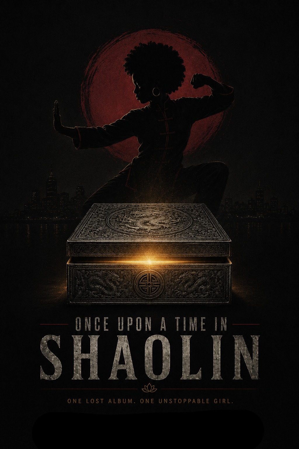 A silhouette of a woman in a martial arts pose, kneeling and flexing her arm, with a large red and black circular background behind her. There is a city skyline in the distance, and the woman is standing on an ornate, glowing box with dragon designs. The text reads, 'Once Upon a Time in Shaolin. One Lost Album. One Unstoppable Girl.'