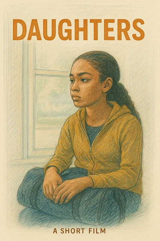 Drawing of a young woman sitting by a window, wearing a yellow hoodie and black pants, with a serious expression. The title 'DAUGHTERS' appears at the top in bold orange letters, and 'A SHORT FILM' at the bottom.