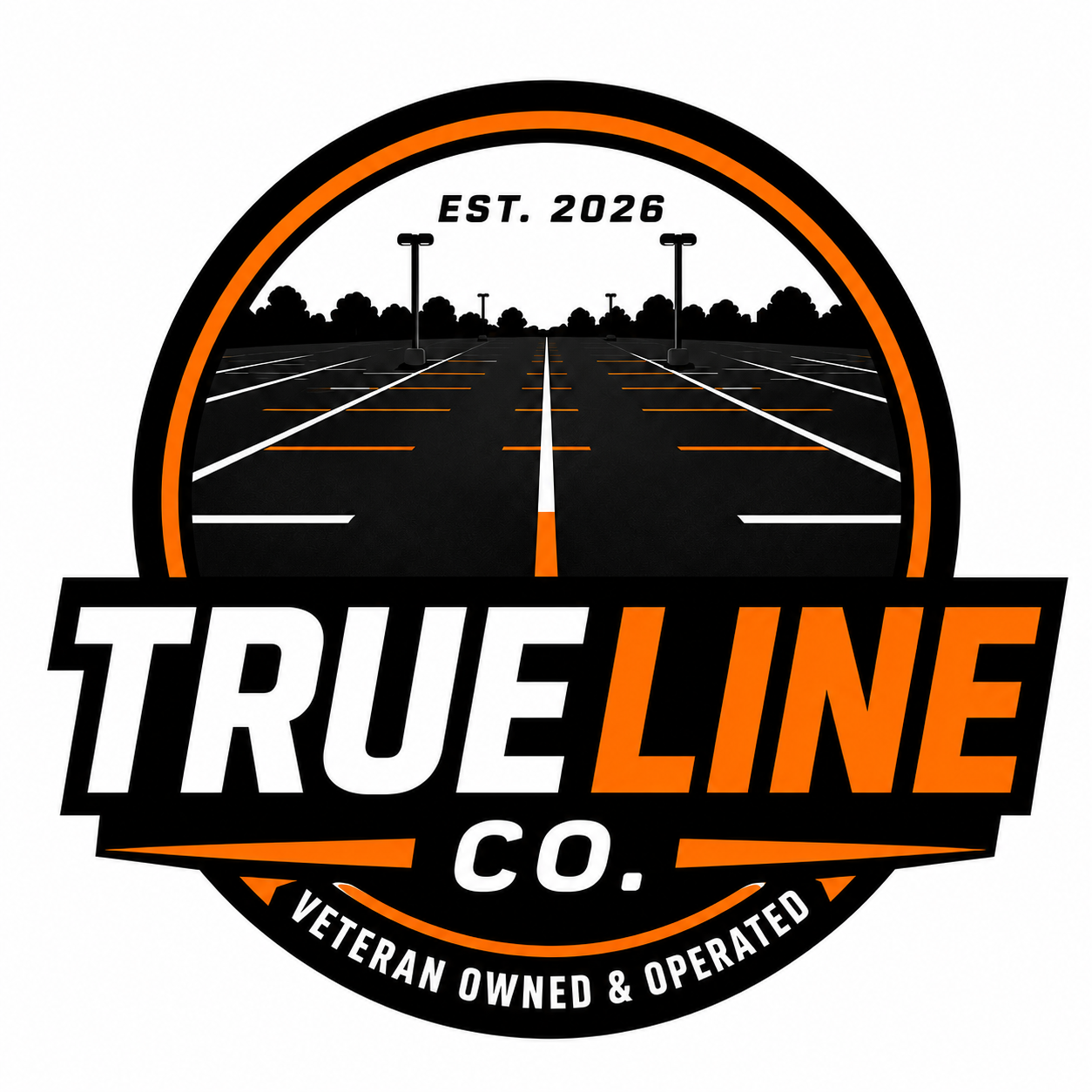 Logo for True Line Co. featuring a stylized parking lot and streetlight scene with text indicating establishment year 2026, veteran ownership, and operated status.