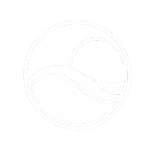 A circular logo with a stylized wave or landscape design in black and white.