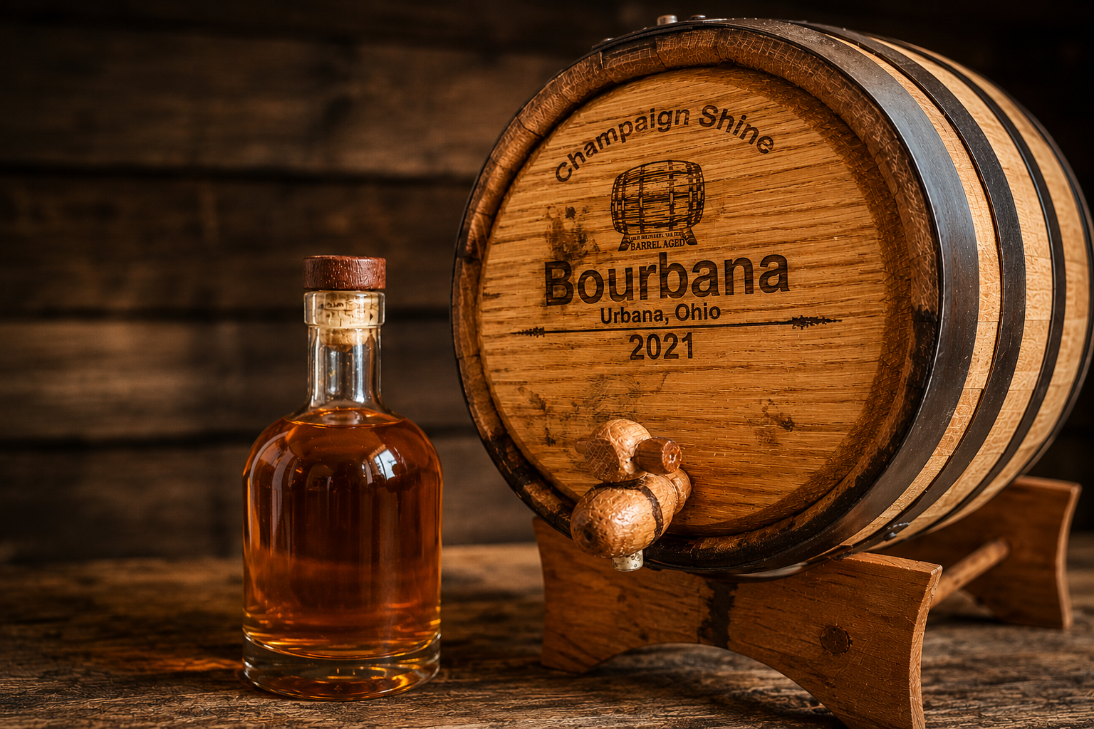 A wooden bourbon barrel labeled 'Bourbana Urbana, Ohio 2021' beside a glass bottle of amber bourbon and a wooden stand with a spigot, set on a wooden surface with a dark wooden wall background.