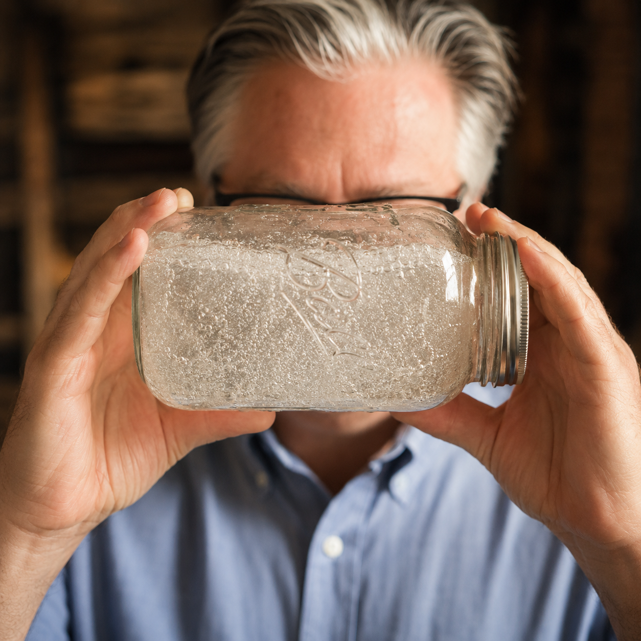 A man holding a Mason jar filled with a fizzy clear liquid, with the word 'Ball' embossed on the jar, and drinking from it.