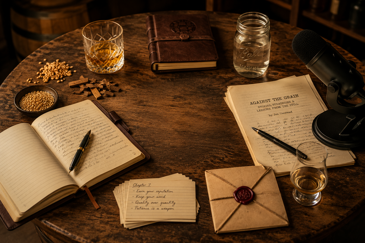 A round wooden table with notebooks, a glass of whiskey, a jar of water, a microphone, a pen, paper notes, grains, a wrapped envelope, and a book titled 'Against the Grain' on it.