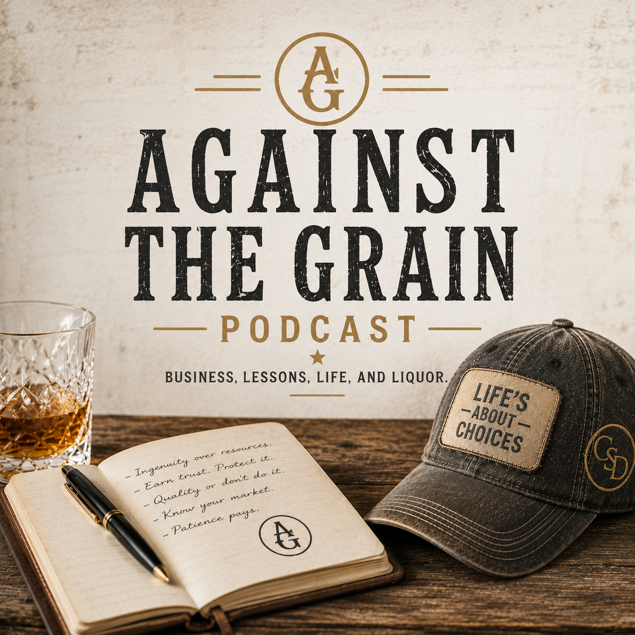 A promotional image for the "Against the Grain" podcast featuring a glass of whiskey, an open notebook with handwritten notes and a pen, and a black baseball cap with a patch that says "Life's About Choices". The background has the podcast's title and tagline, "Business, Lessons, Life, and Liquor."
