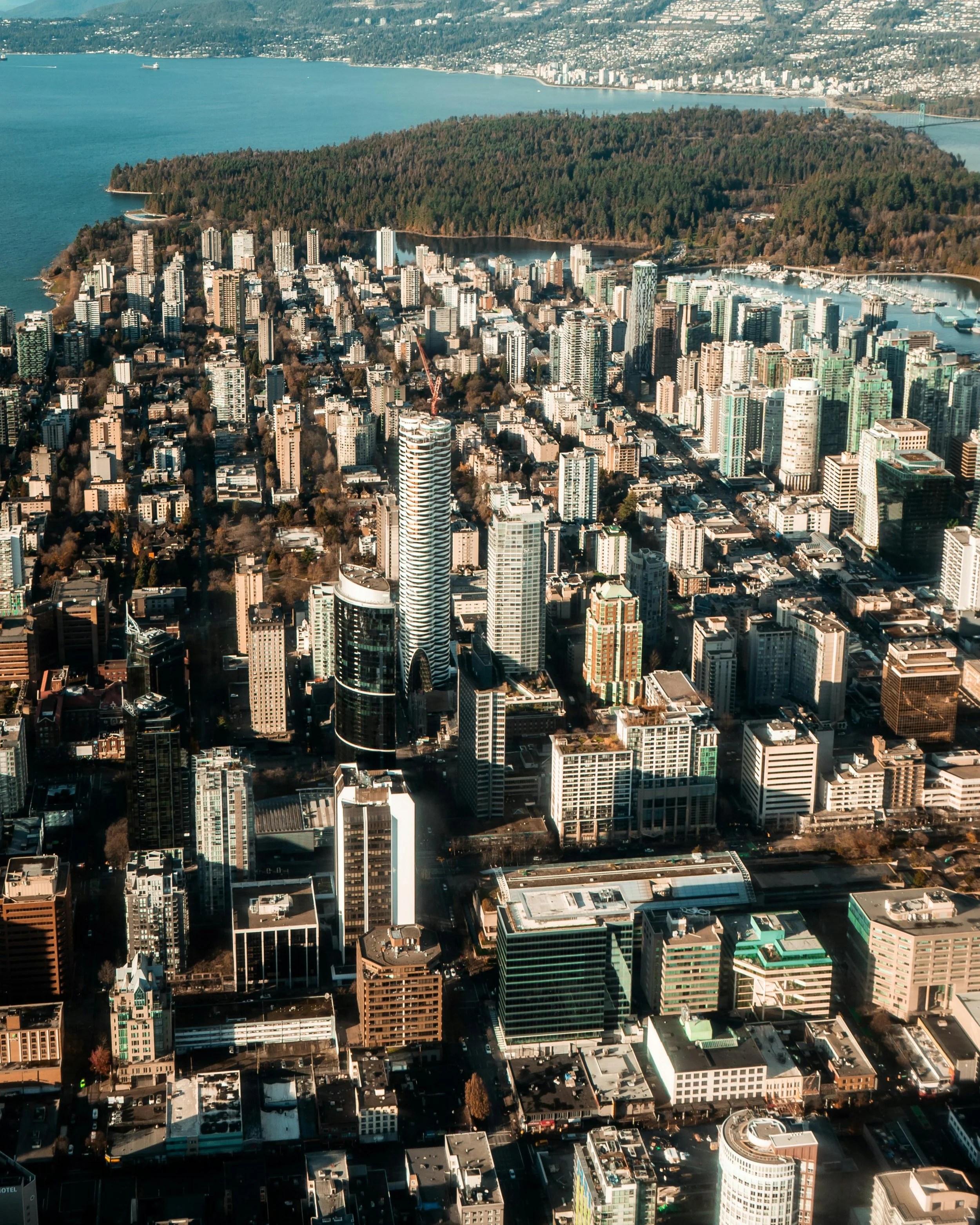 Aerial view of a city skyline with tall modern buildings, a large body of water, and a forested area in the background.