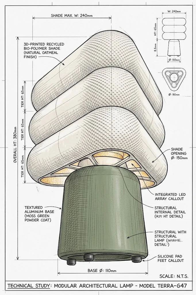 Technical drawing of a modular architectural lamp with measurements, labeled components include recycled bio-polymer shade, aluminum base, LED array, structural details, silicone pads, and various dimensions.