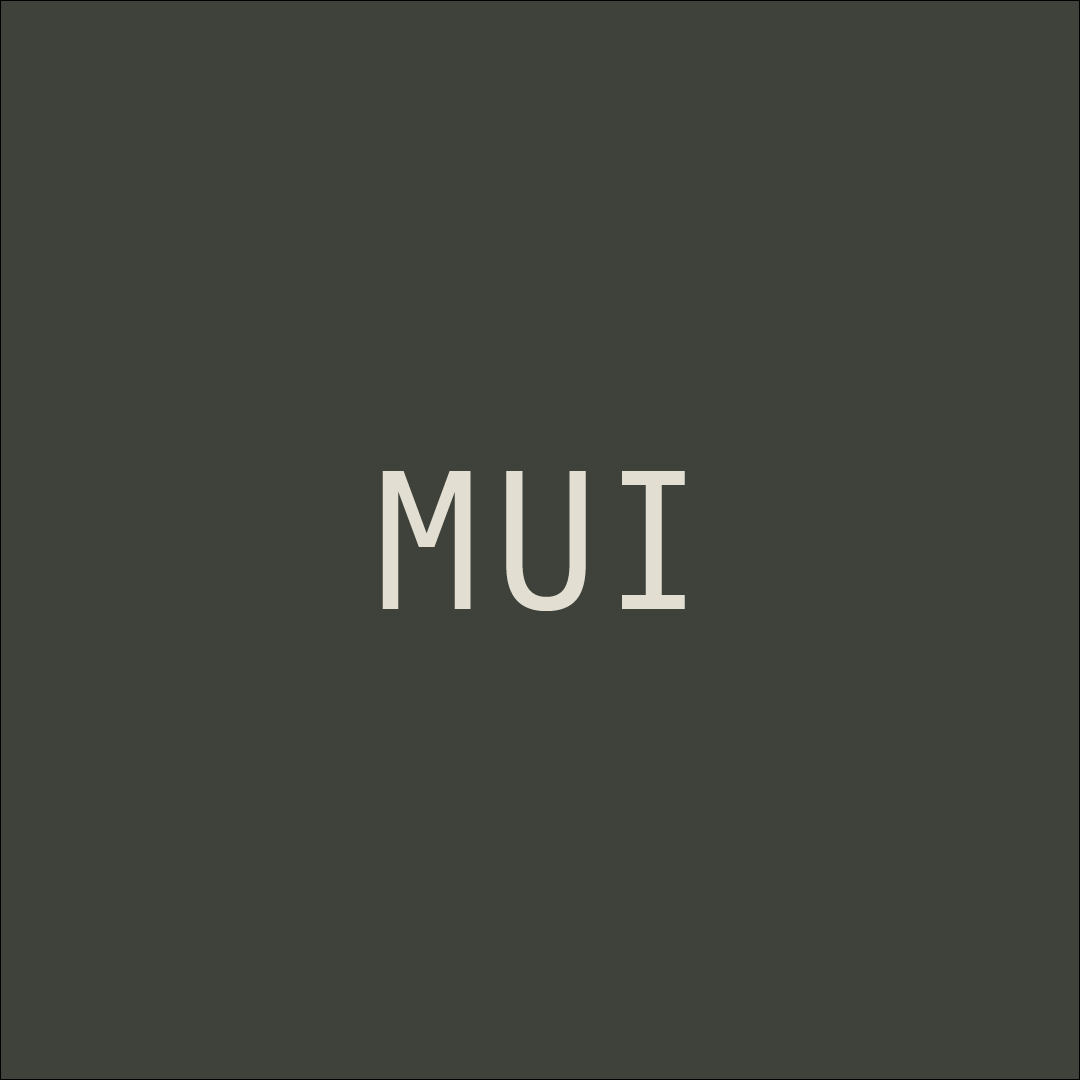 A grey square with the word 'MUI' written in white letters in the center.