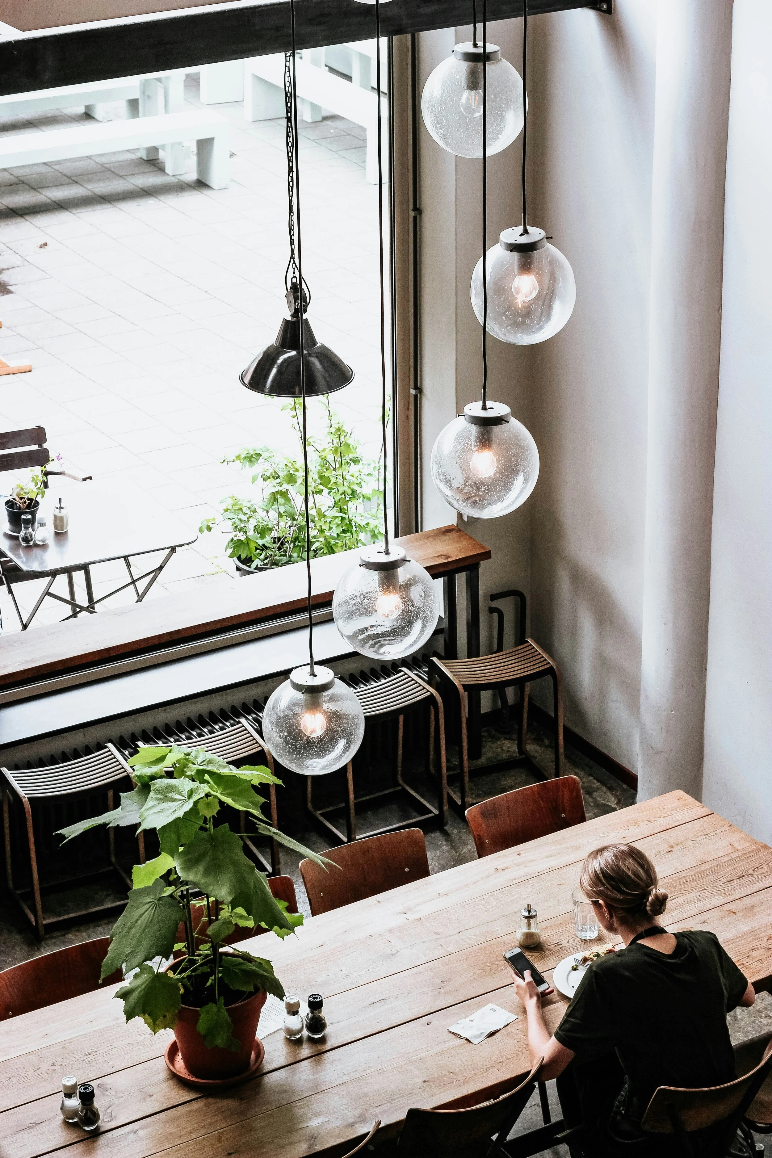 A person sitting at a wooden table inside a cafe, looking at their phone, with a plate of food and a glass of water in front of them. There is a large potted plant on the table and hanging globe lights above. Outside the window, there is a patio with white benches and a small green plant.