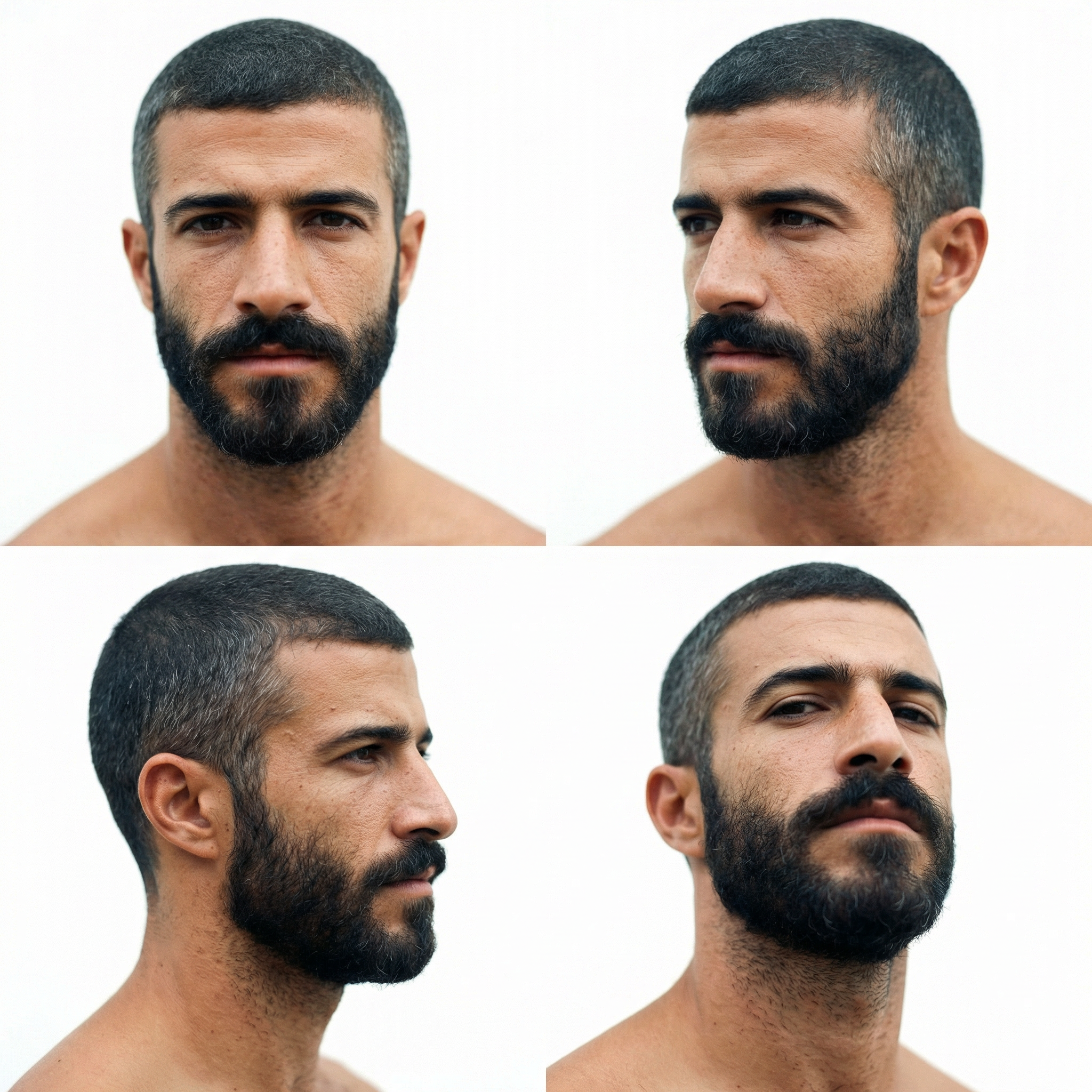 Side and front views of a shirtless man with a beard and short dark hair against a plain background.