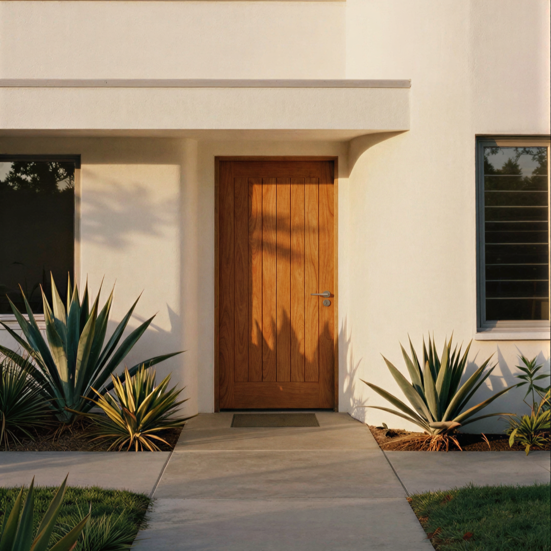 Front view of a modern house with a wooden door, white walls, and desert plants near the entrance, with sunlight casting shadows.