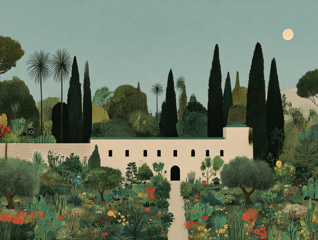 A lush garden landscape with various trees and flowering plants, leading to a white building with small windows and an arched entrance, under a full moon in the evening sky.
