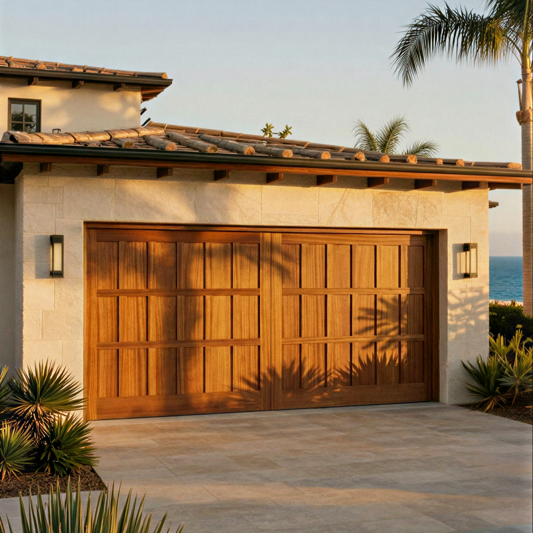 A wooden garage door on a house with a beige stone exterior, surrounded by desert plants and palm trees, with the ocean visible in the background at sunset.