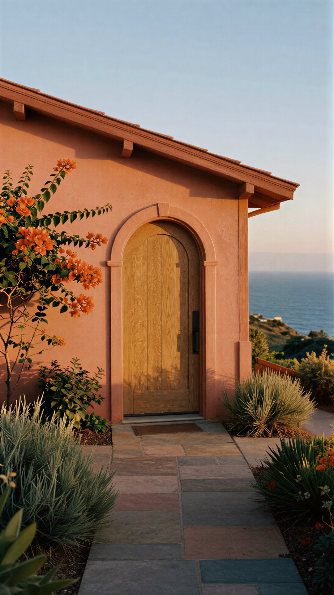 A pink stucco house with a wooden arched door, set in a coastal landscape with ocean and hills in the background, surrounded by desert plants and flowers.