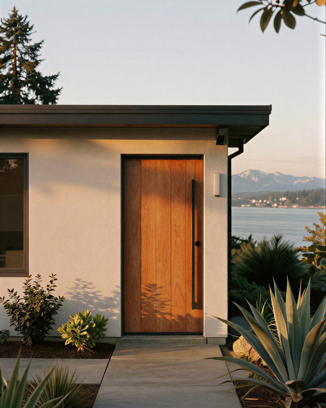 Modern house with a wooden front door, surrounded by desert plants, near a body of water with mountains in the distance at sunset.