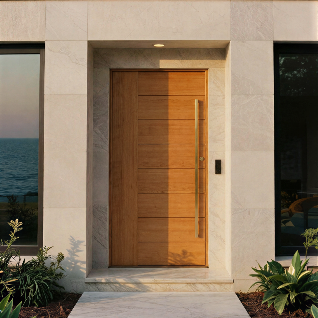 Front door of a modern house with marble walls, wooden door, and glass side panels, surrounded by plants.