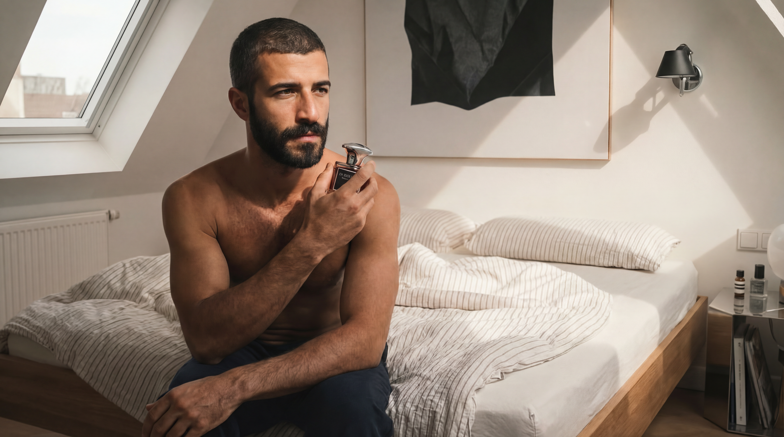 A man with a beard and short dark hair, sitting shirtless on a bed, holding a razor, in a bedroom with natural light from a skylight. The bed has striped bedding and a nightstand with bottles, with a black art piece on the wall.